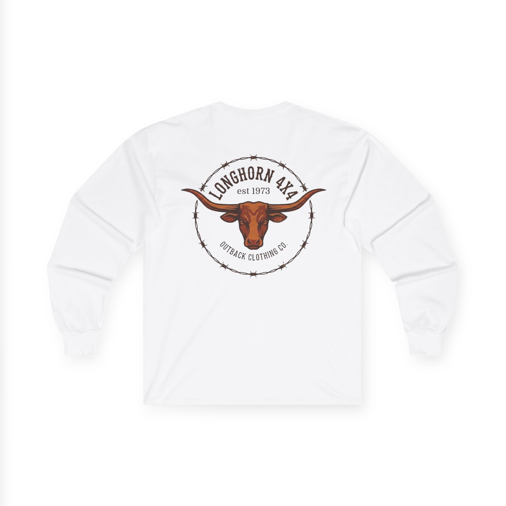White long-sleeve shirt with a longhorn logo on the back against a white background