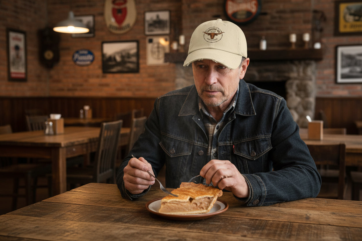 Beige cap with a longhorn logo on a Cowboy eating a pie deep in thought background