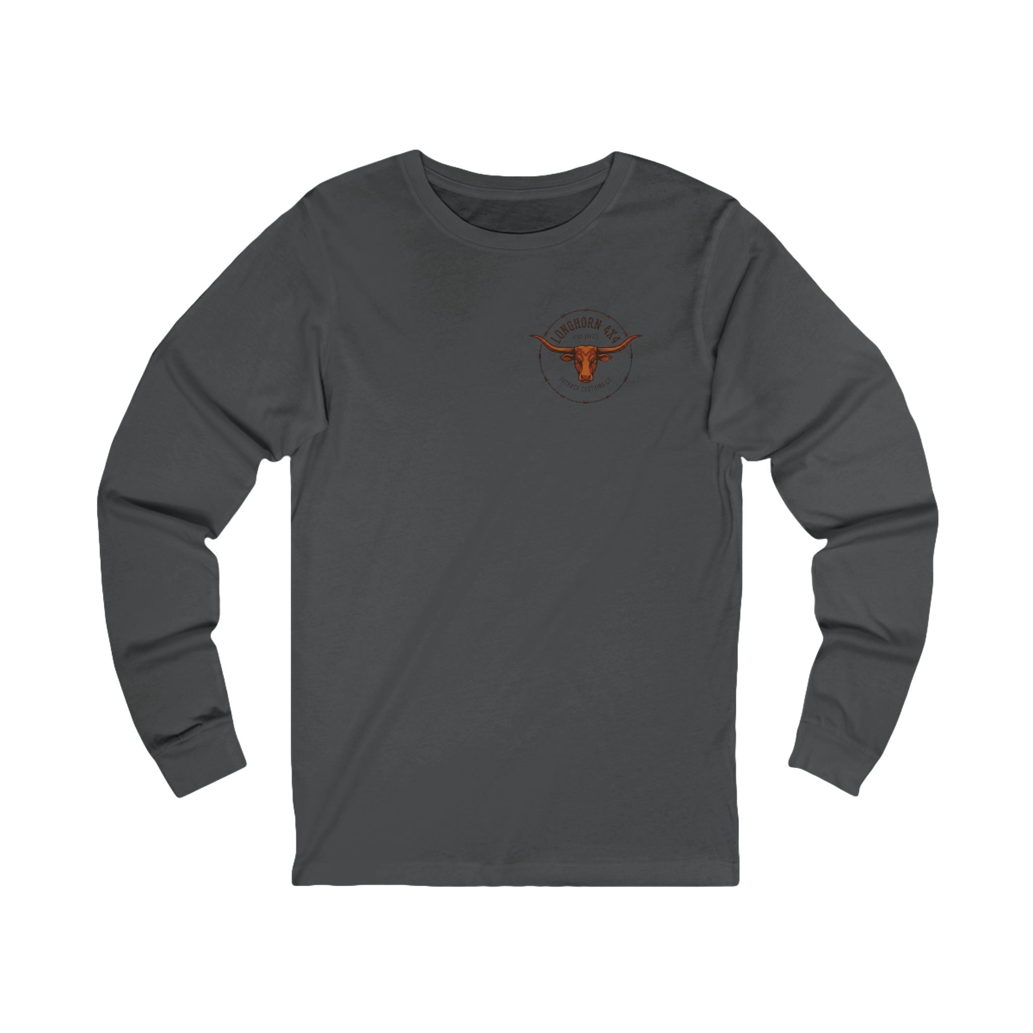 Gray long-sleeve shirt with a logo on the chest against a white background