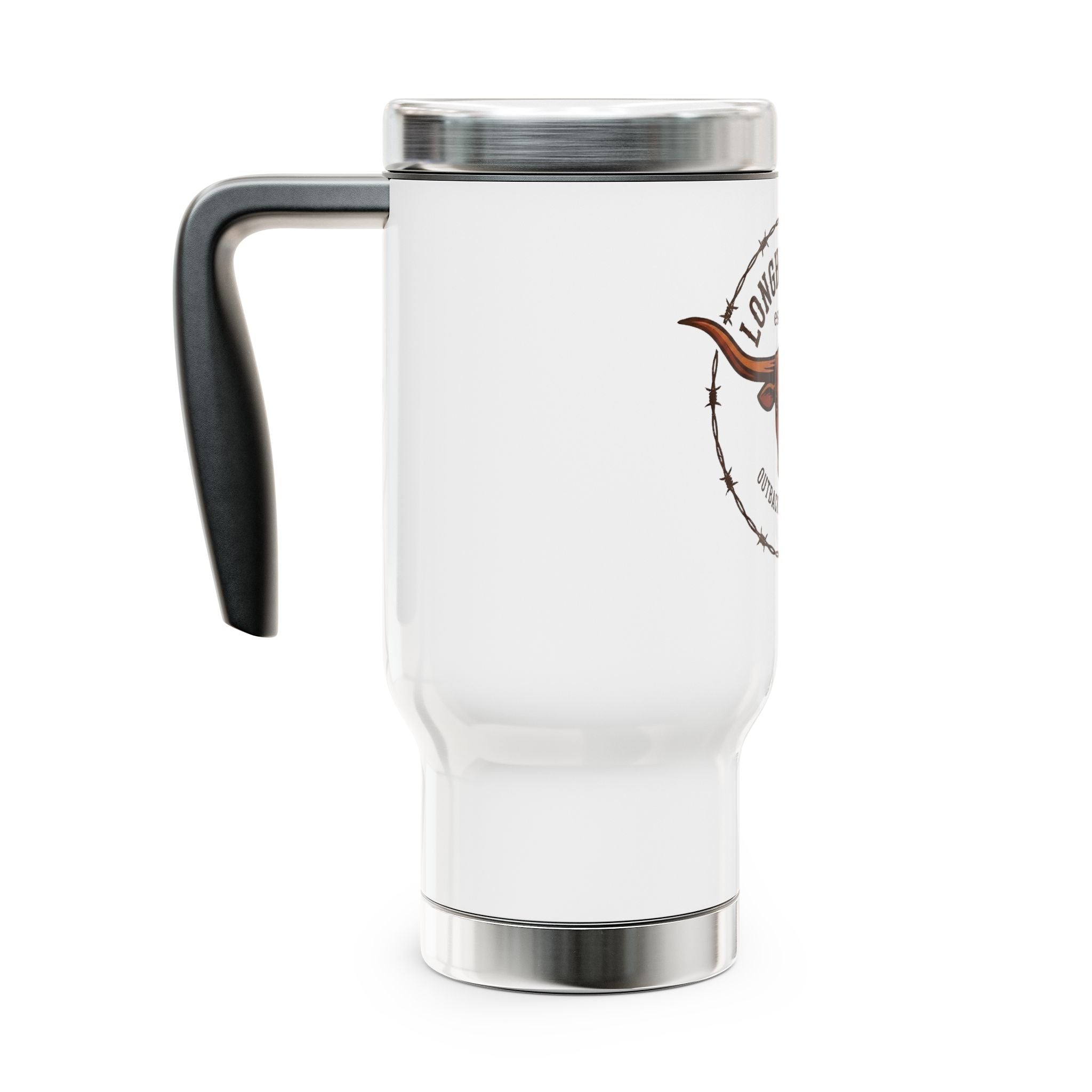 White travel mug with black handle and silver base on a white background