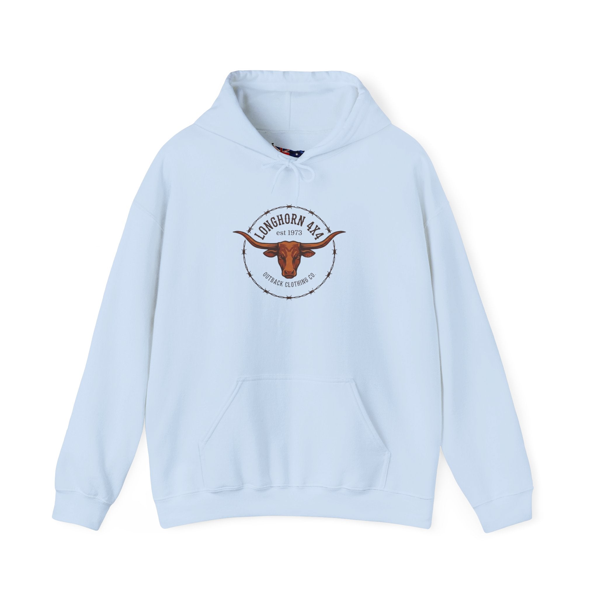 Light blue hoodie with a logo on a white background