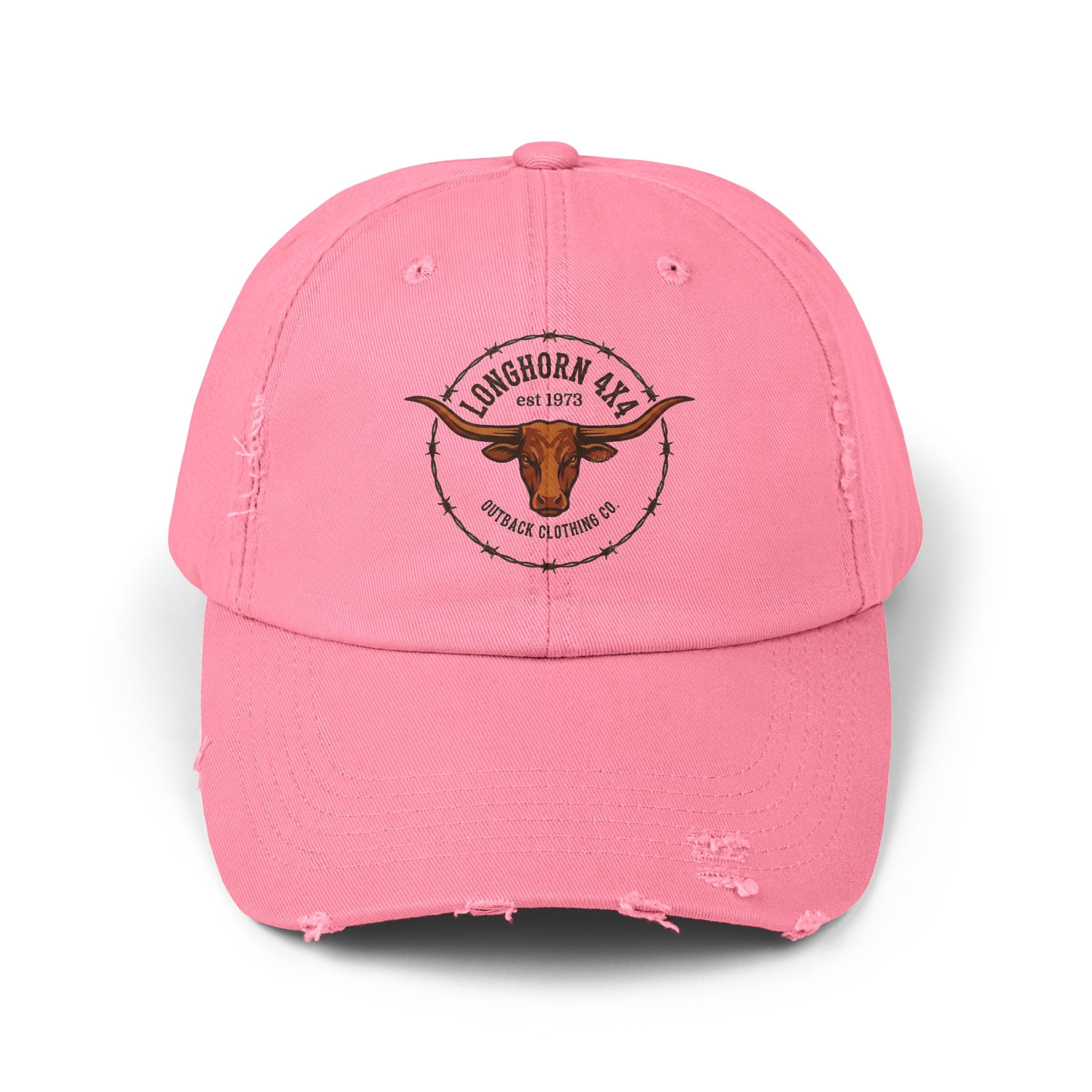 Pink cap with a longhorn logo on a white background