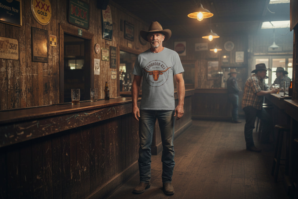 Gray t-shirt with a longhorn logo on a white background