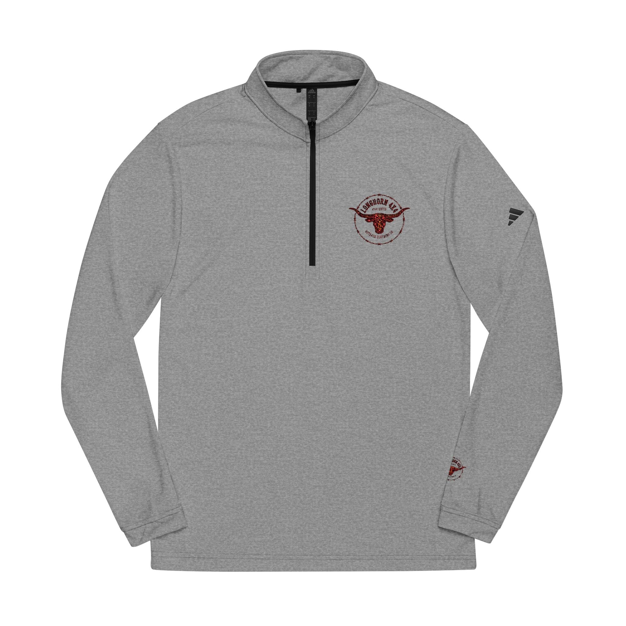 Embroidered Quarter-Zip Pullover — Minimal Red Wreath Logo