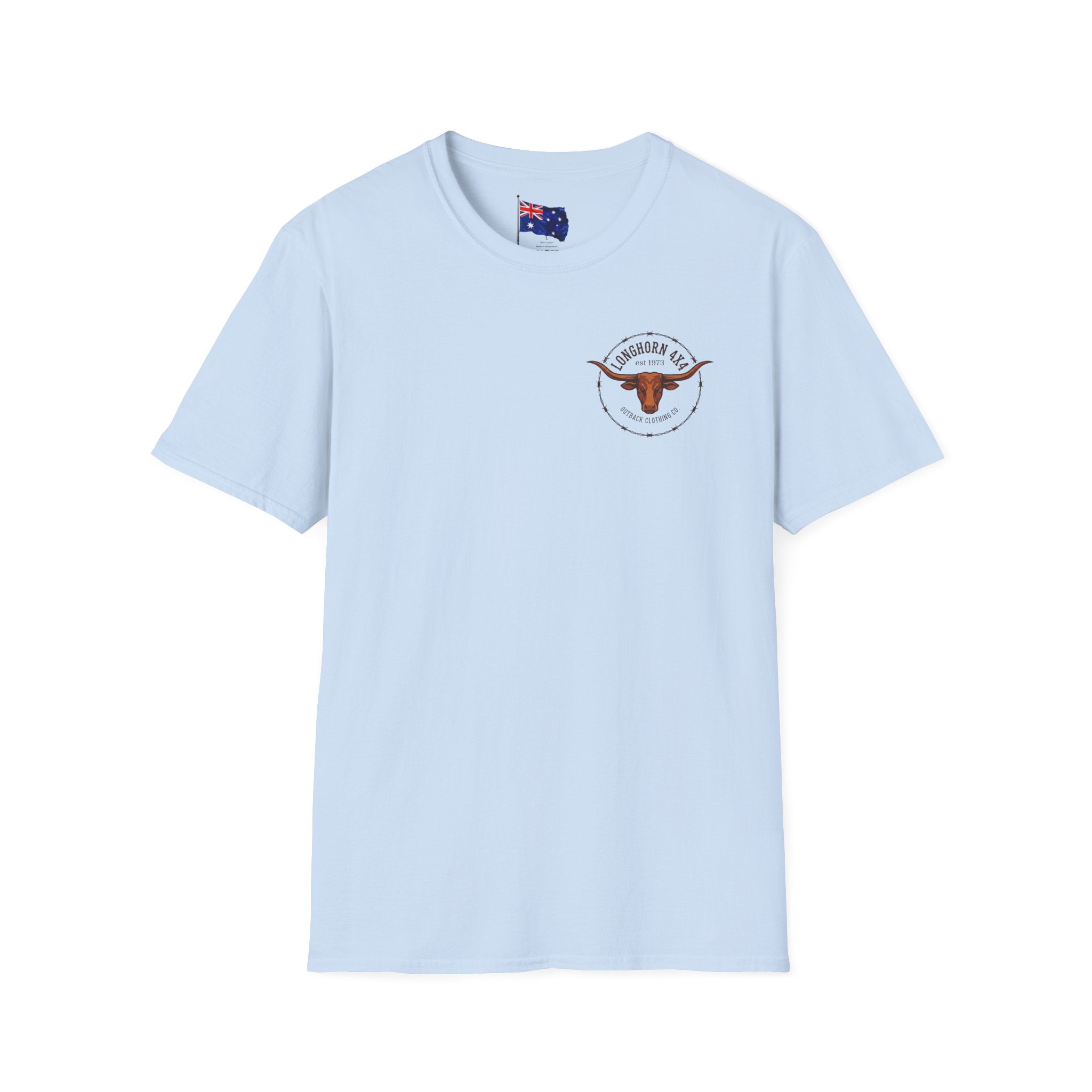 Light blue t-shirt with a logo on a white background