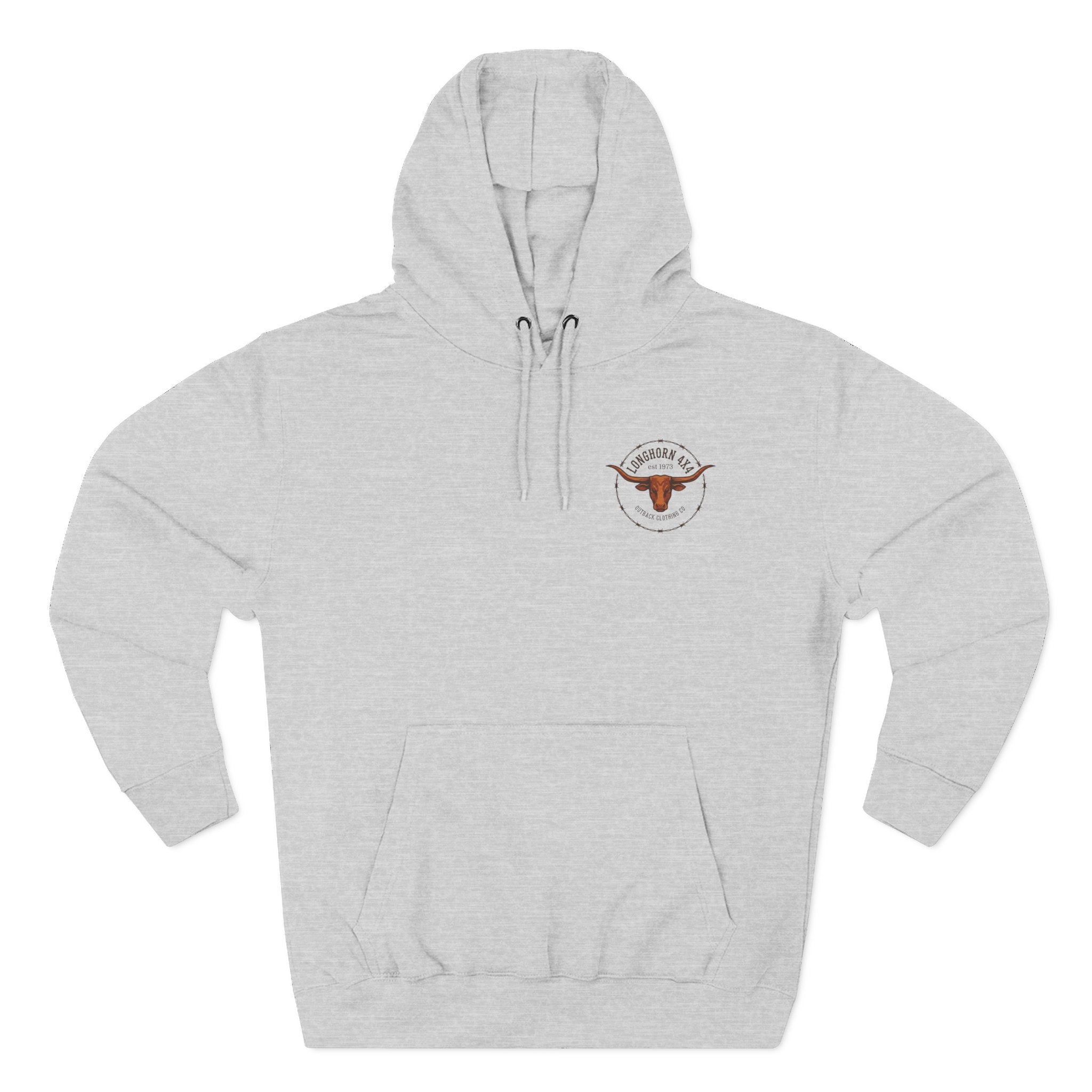 Gray hoodie with a logo on the chest against a white background