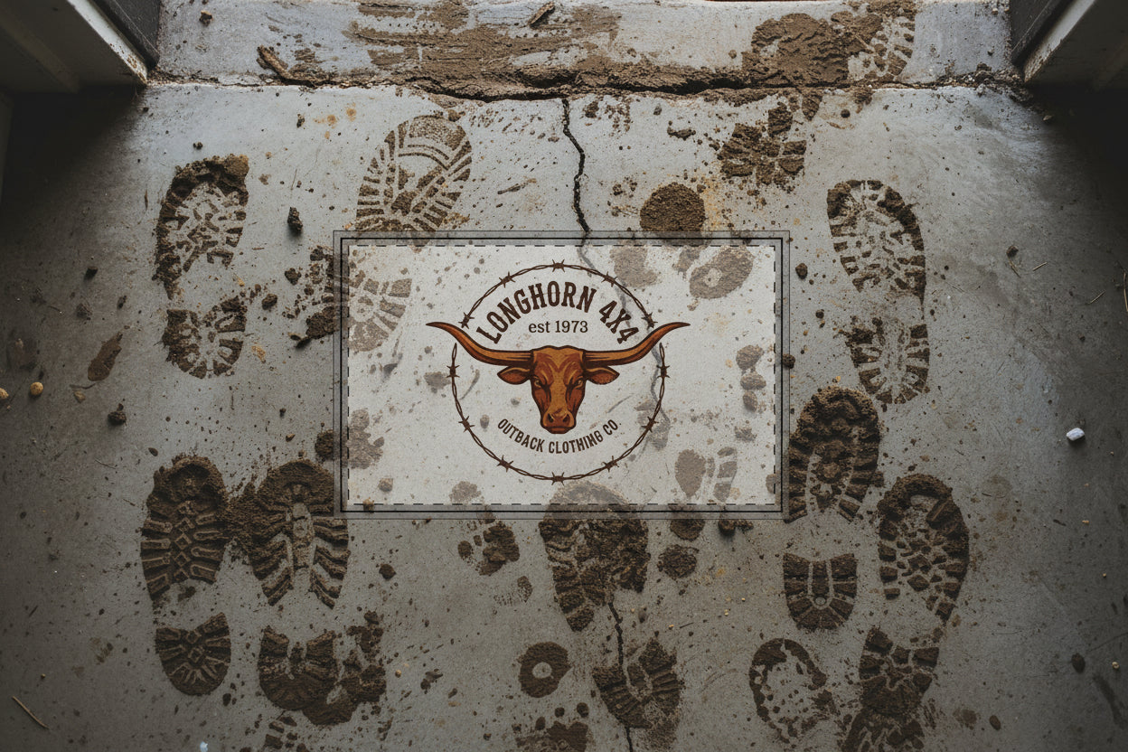 Longhorn 4x4 logo with a brown bull head and barbed wire on a DIrty doorstep background