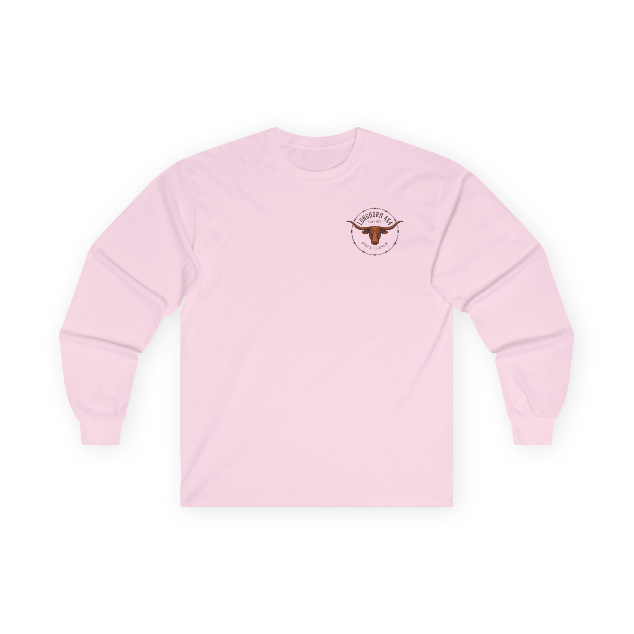 Pink long-sleeve shirt with a logo on a white background