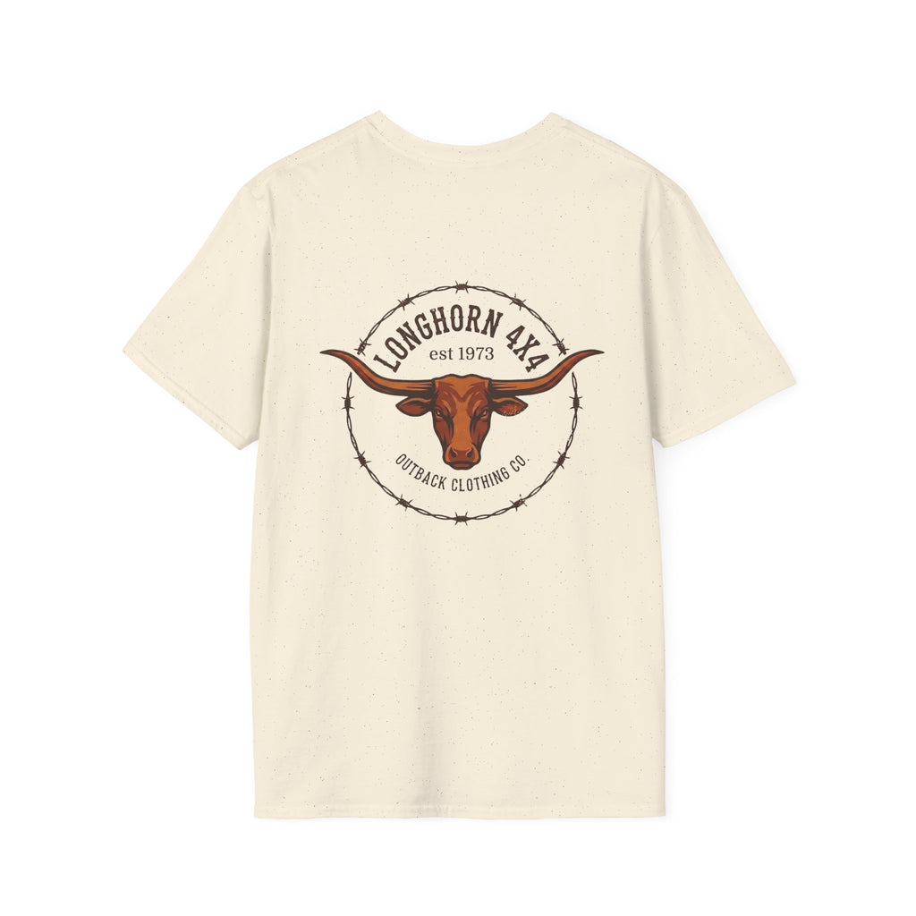 Beige t-shirt with longhorn logo on a white background