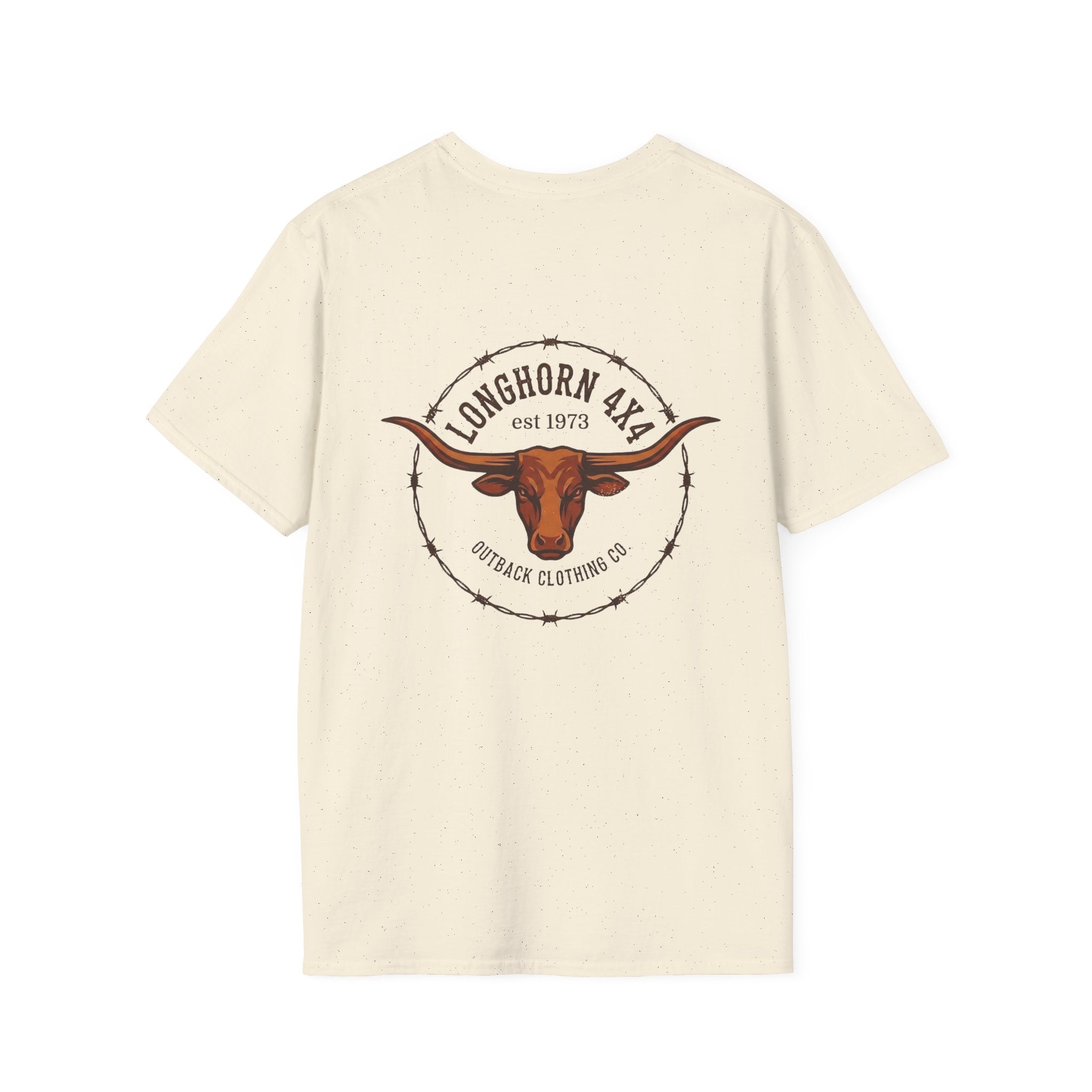 Beige t-shirt with longhorn logo on a white background