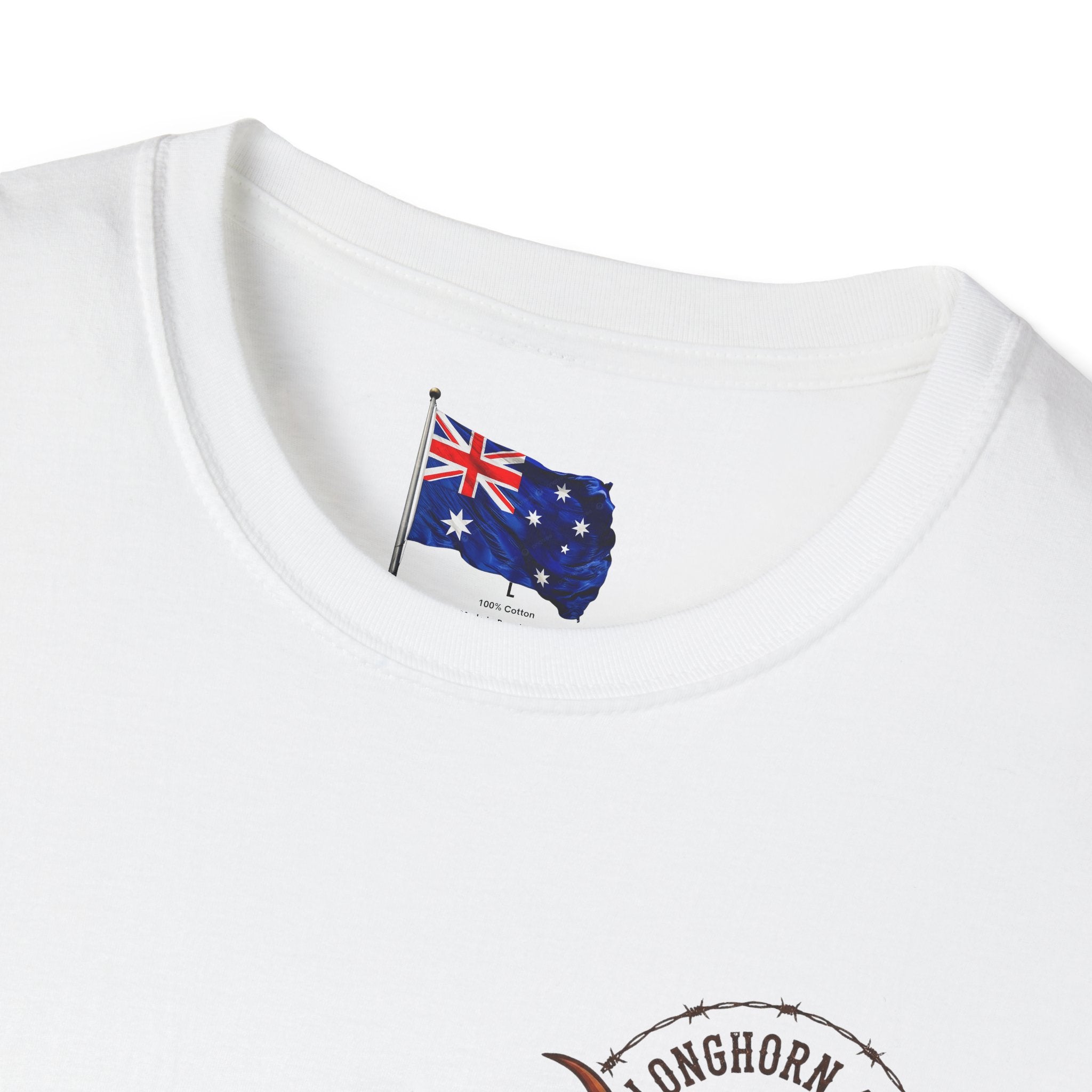 White t-shirt with a small Australian flag design on a white background