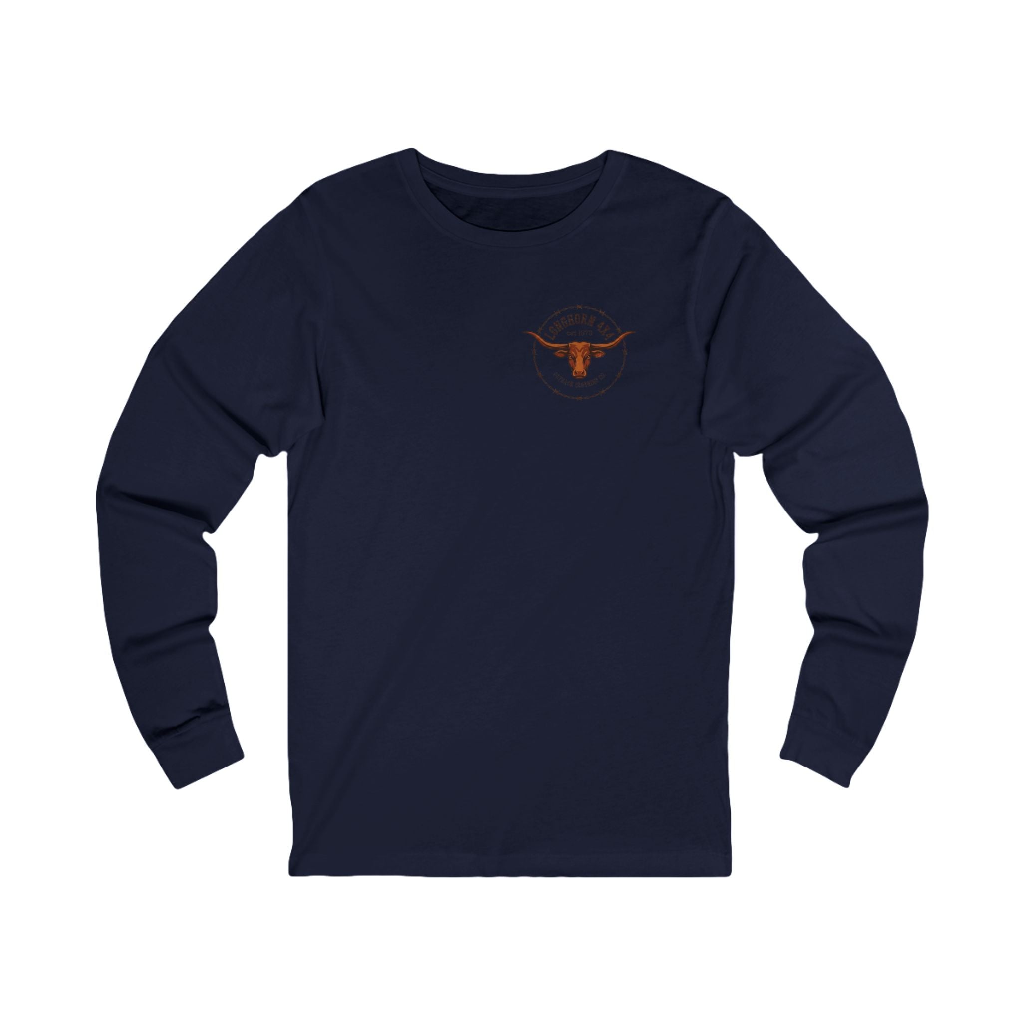 Navy blue long-sleeve shirt with a logo on a white background
