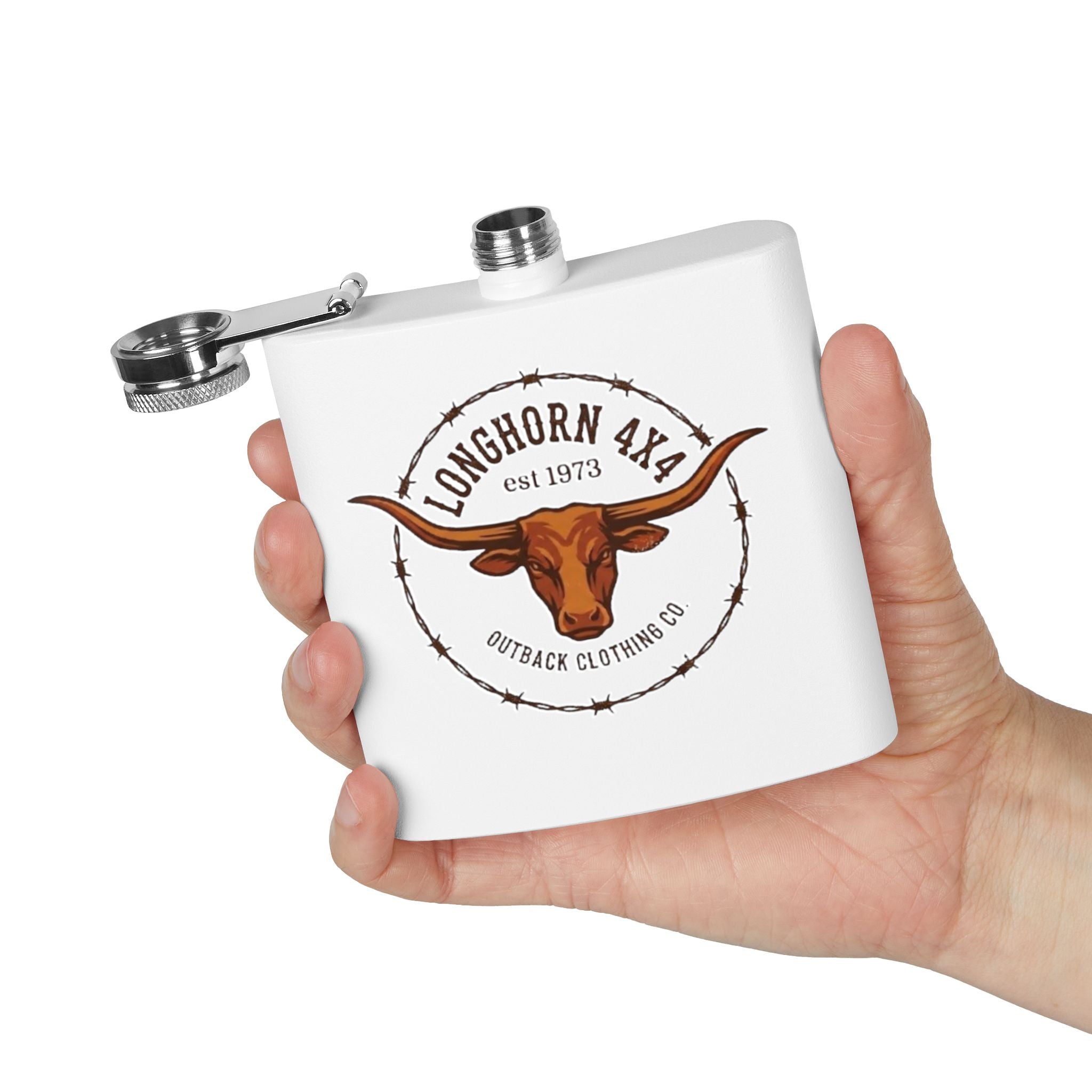 Longhorn 4x4 Stainless Steel Flask — 6oz Outback Barbed Wire Design