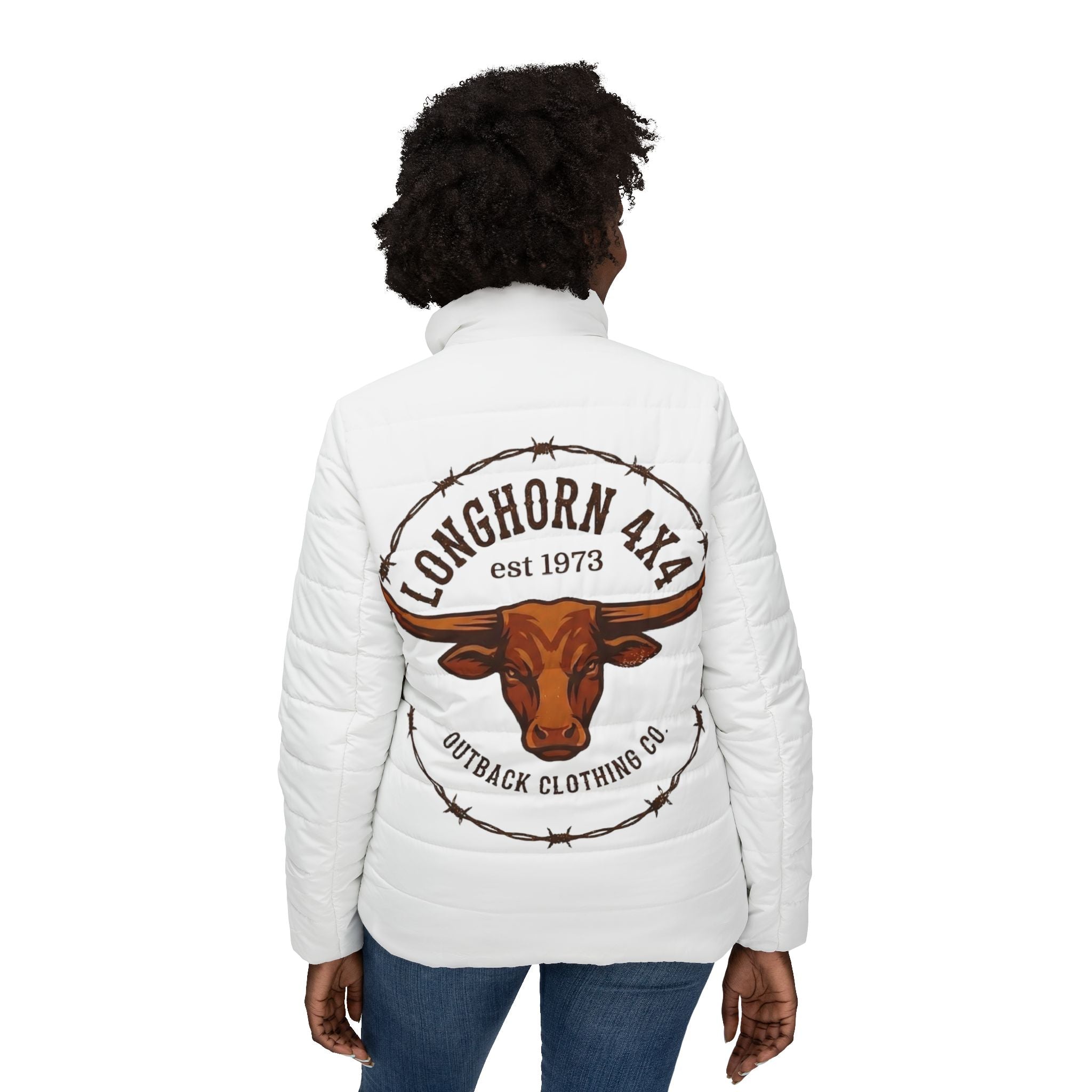 White jacket with 'Longhorn 4x4' logo on the back, worn by a person.