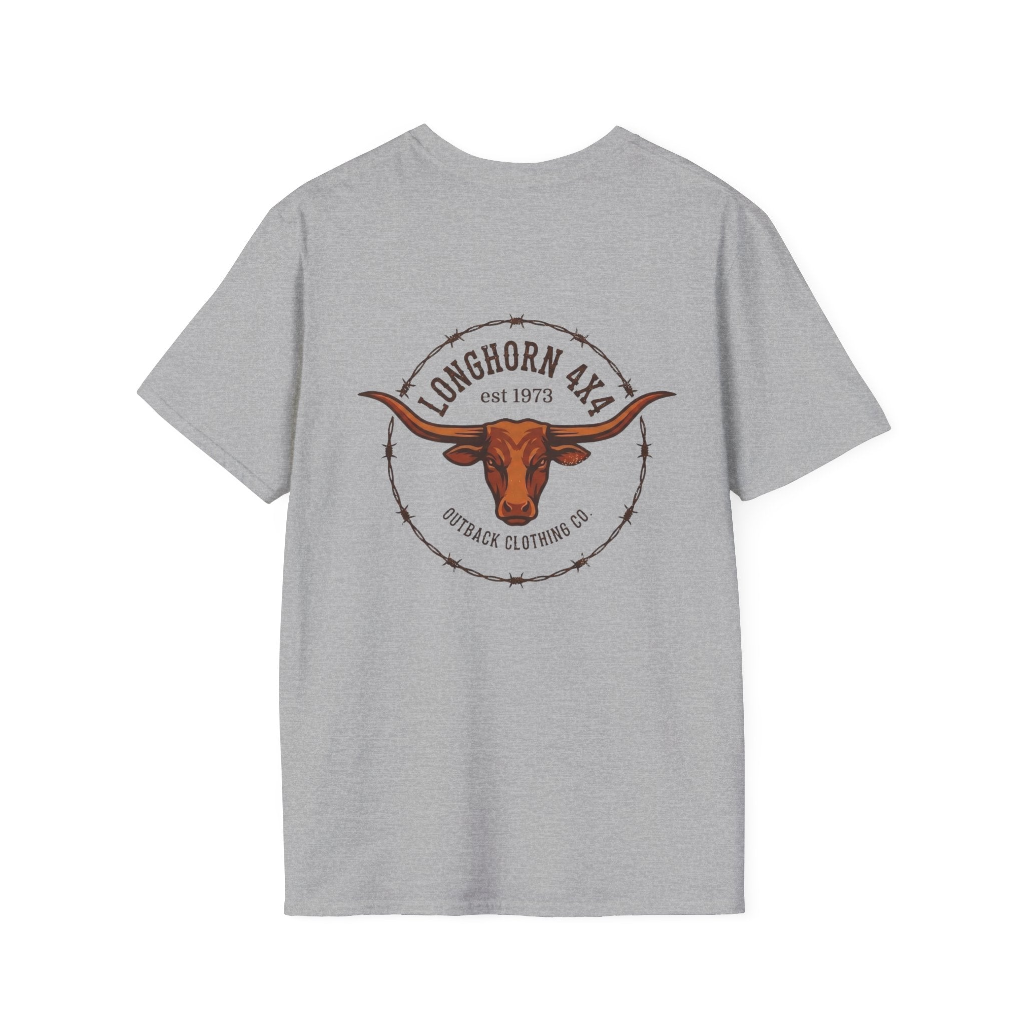 Gray t-shirt with a longhorn logo on the back against a white background