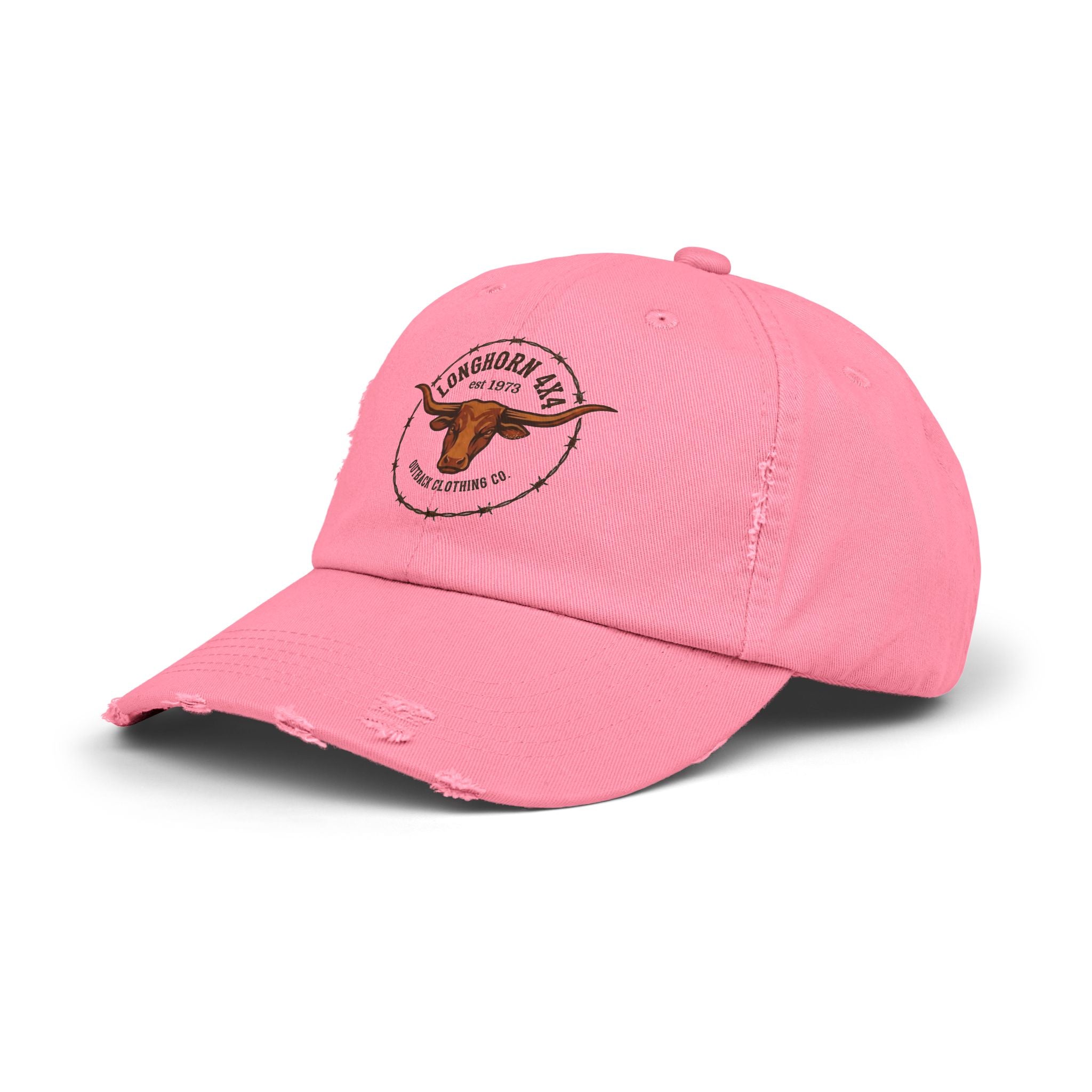Pink baseball cap with a logo on a white background