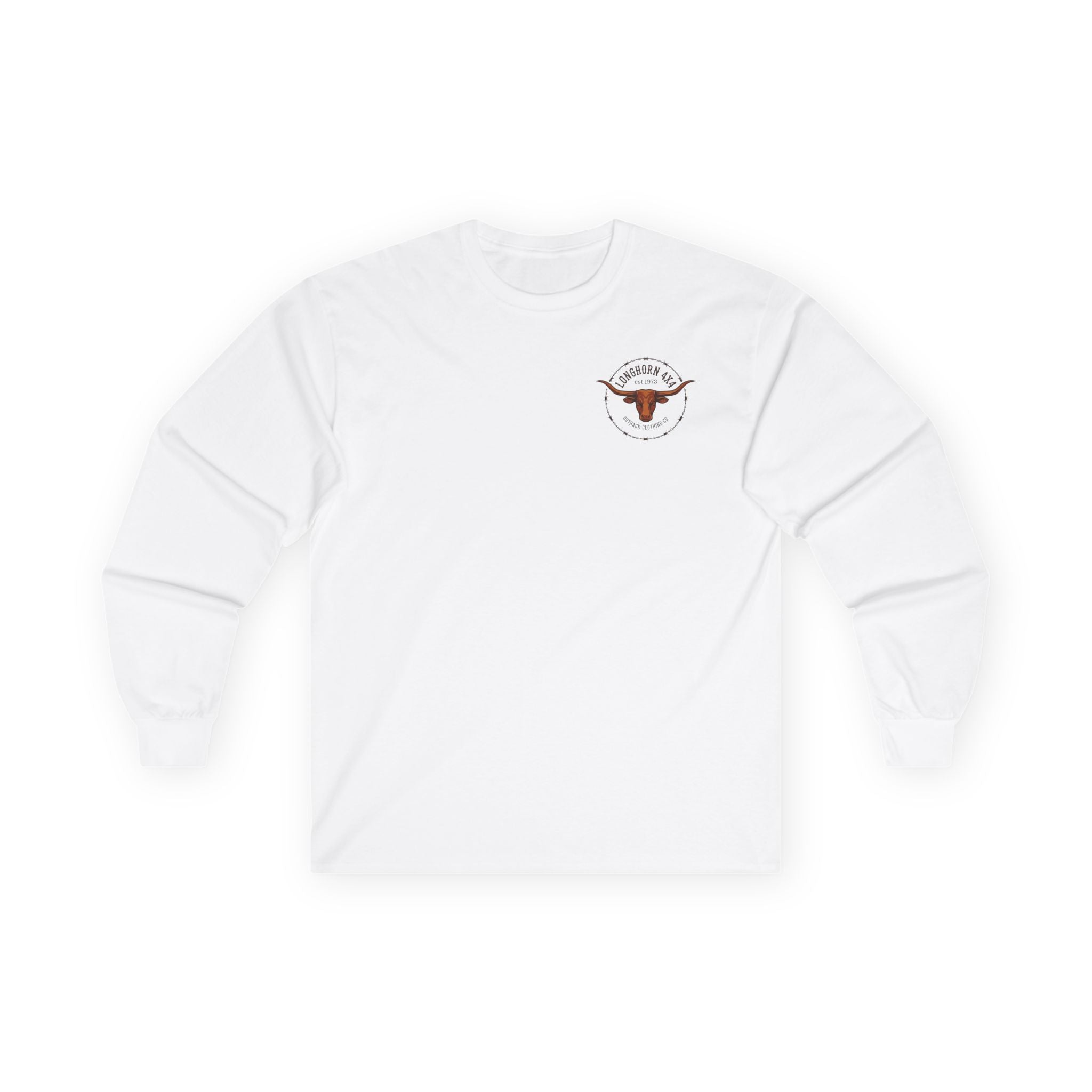 White long-sleeve shirt with a logo on the chest against a white background