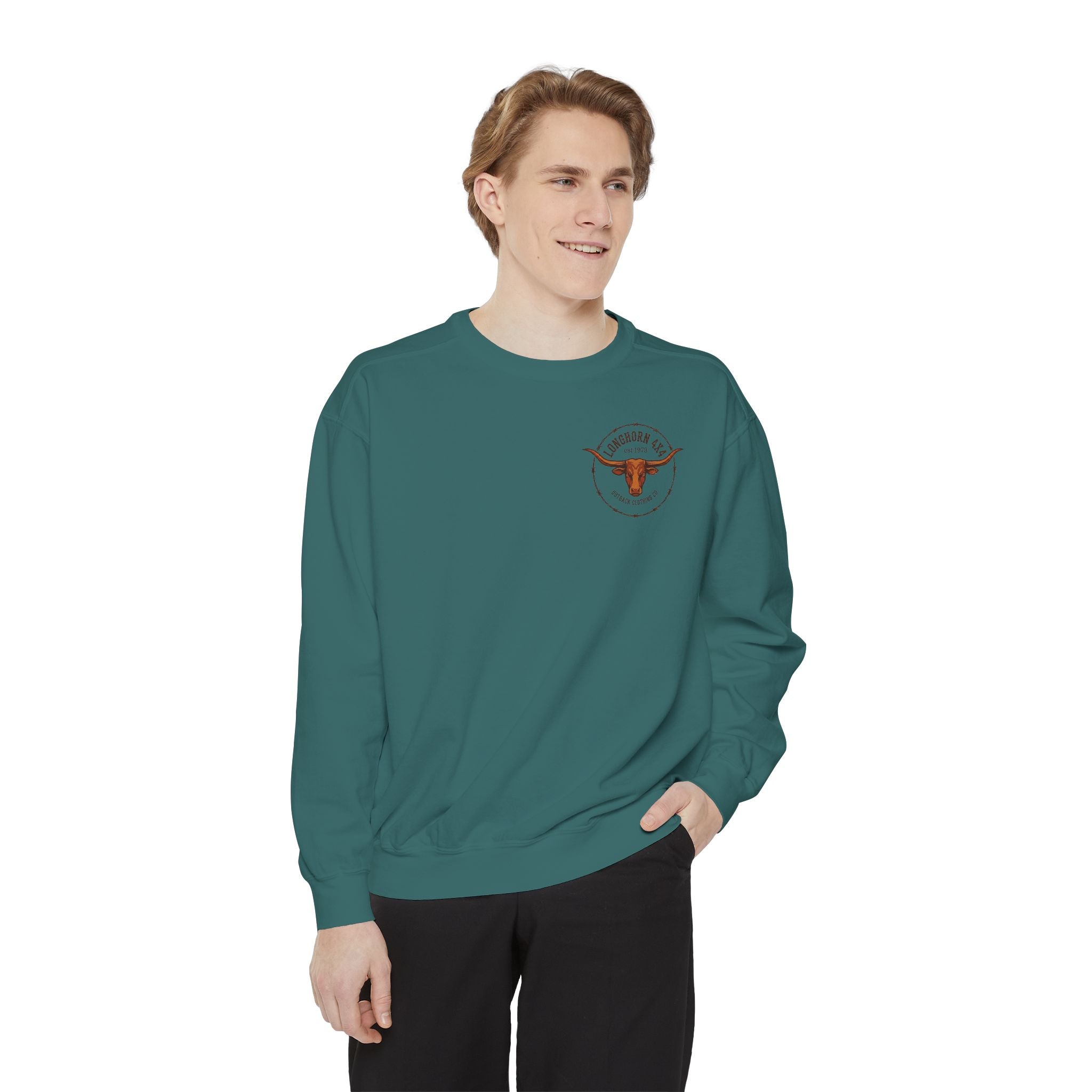 Man wearing a teal sweatshirt with a logo on a white background