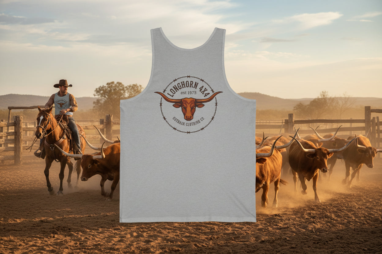 Gray tank top with a longhorn logo on a white background worn by a cowboy herding cattle.