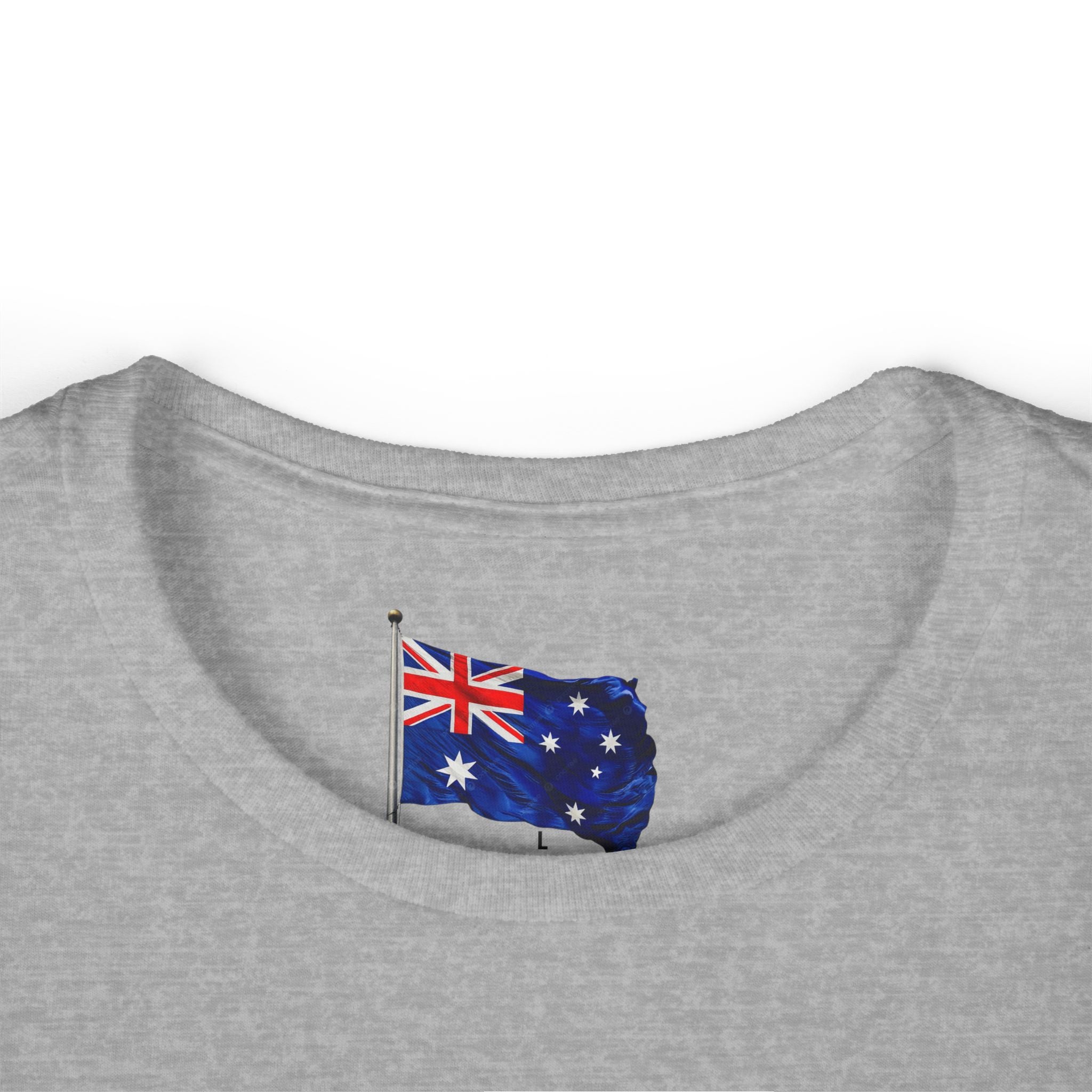 Gray shirt with an Australian flag design on a white background