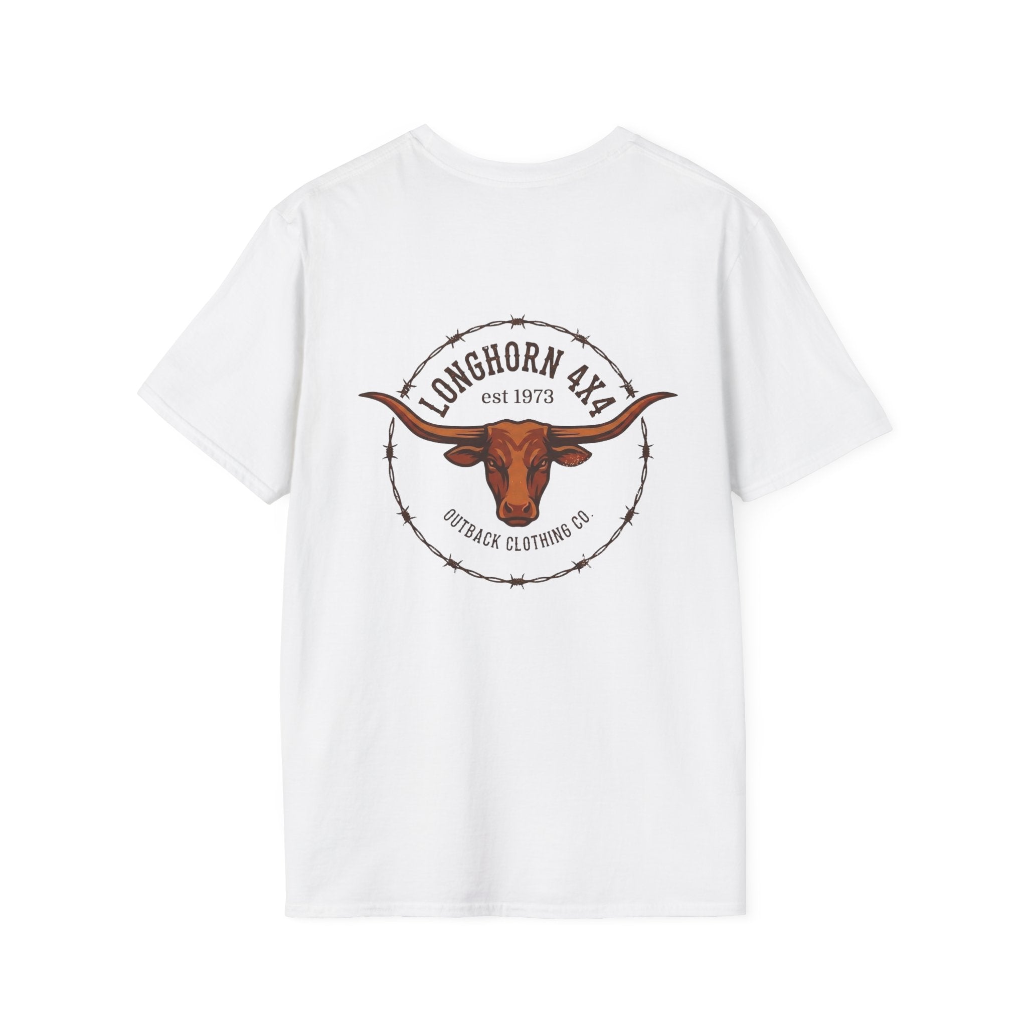White t-shirt with longhorn logo and text on a white background