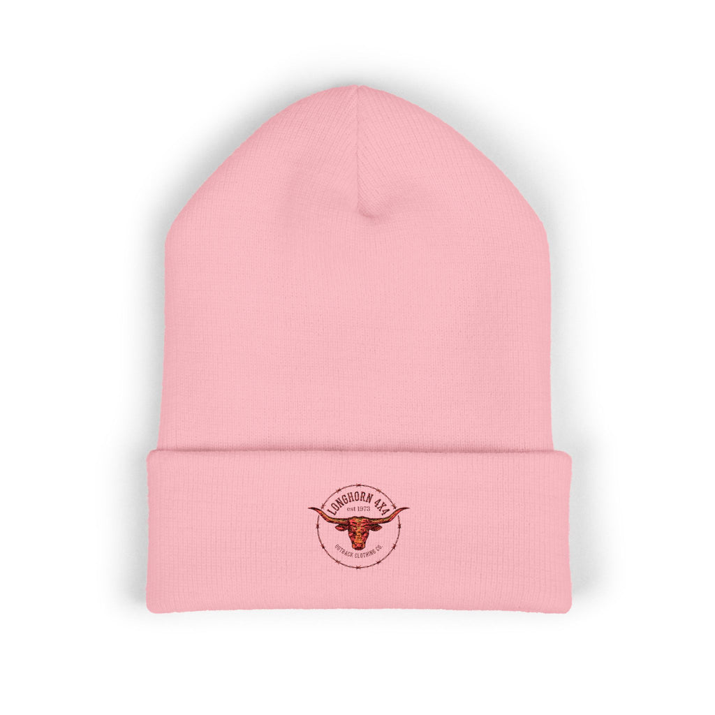 Pink beanie with a logo on a white background