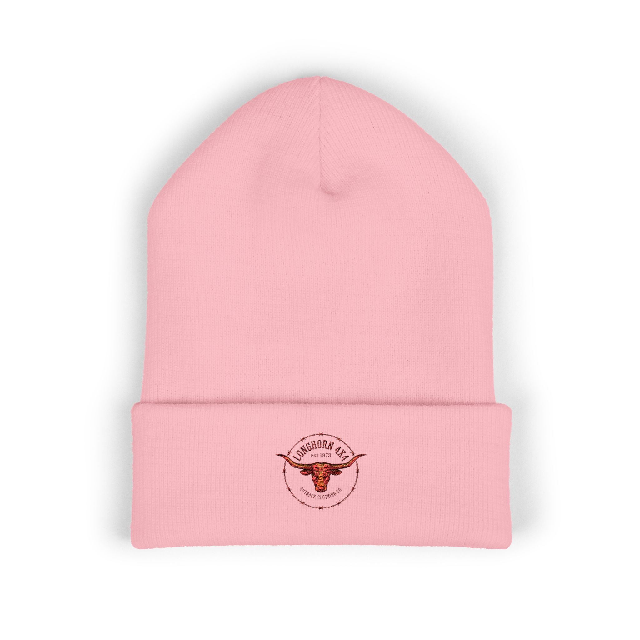 Pink beanie with a logo on a white background