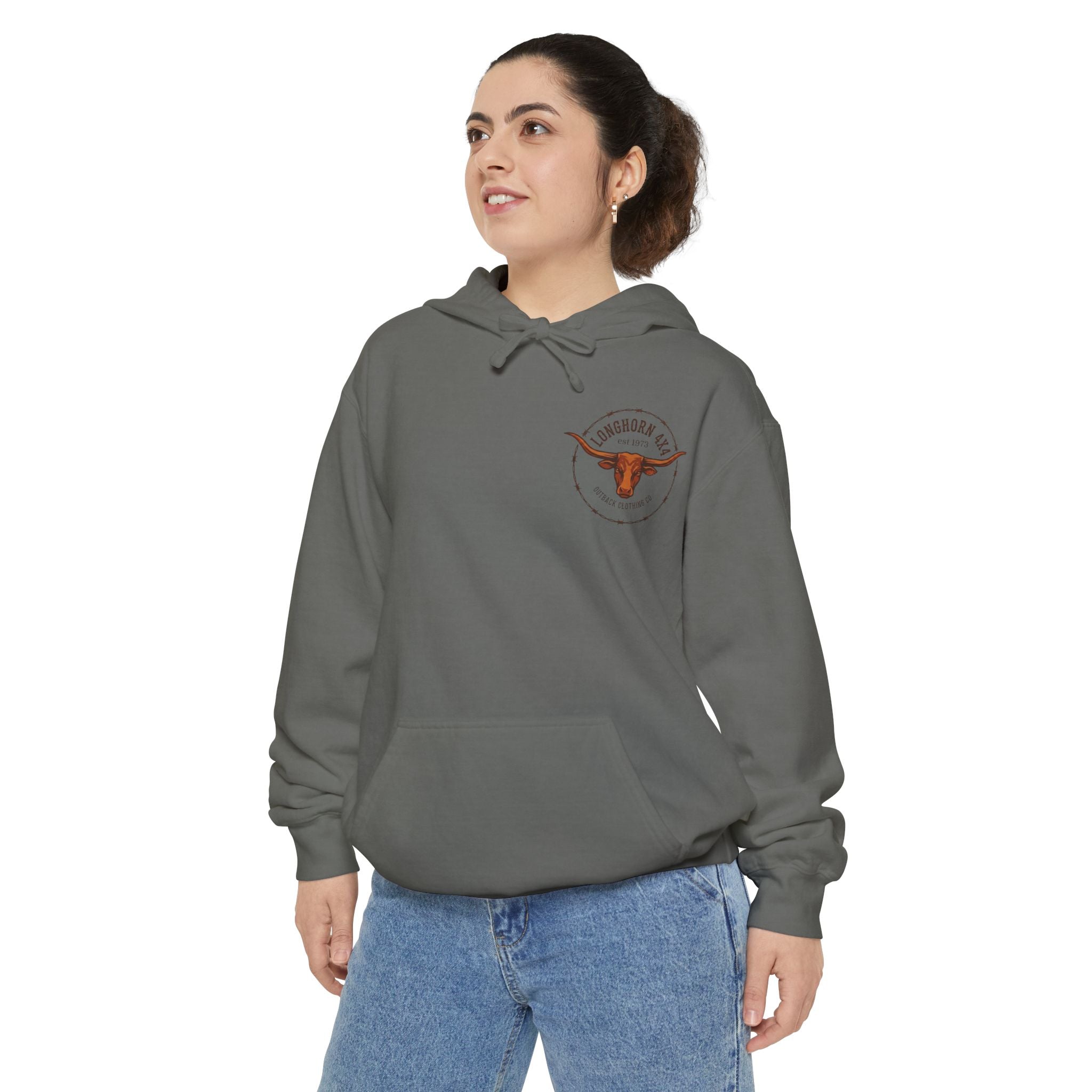 Longhorn 4x4 Coffee Ring Hoodie — Garment-Dyed Logo Sweatshirt