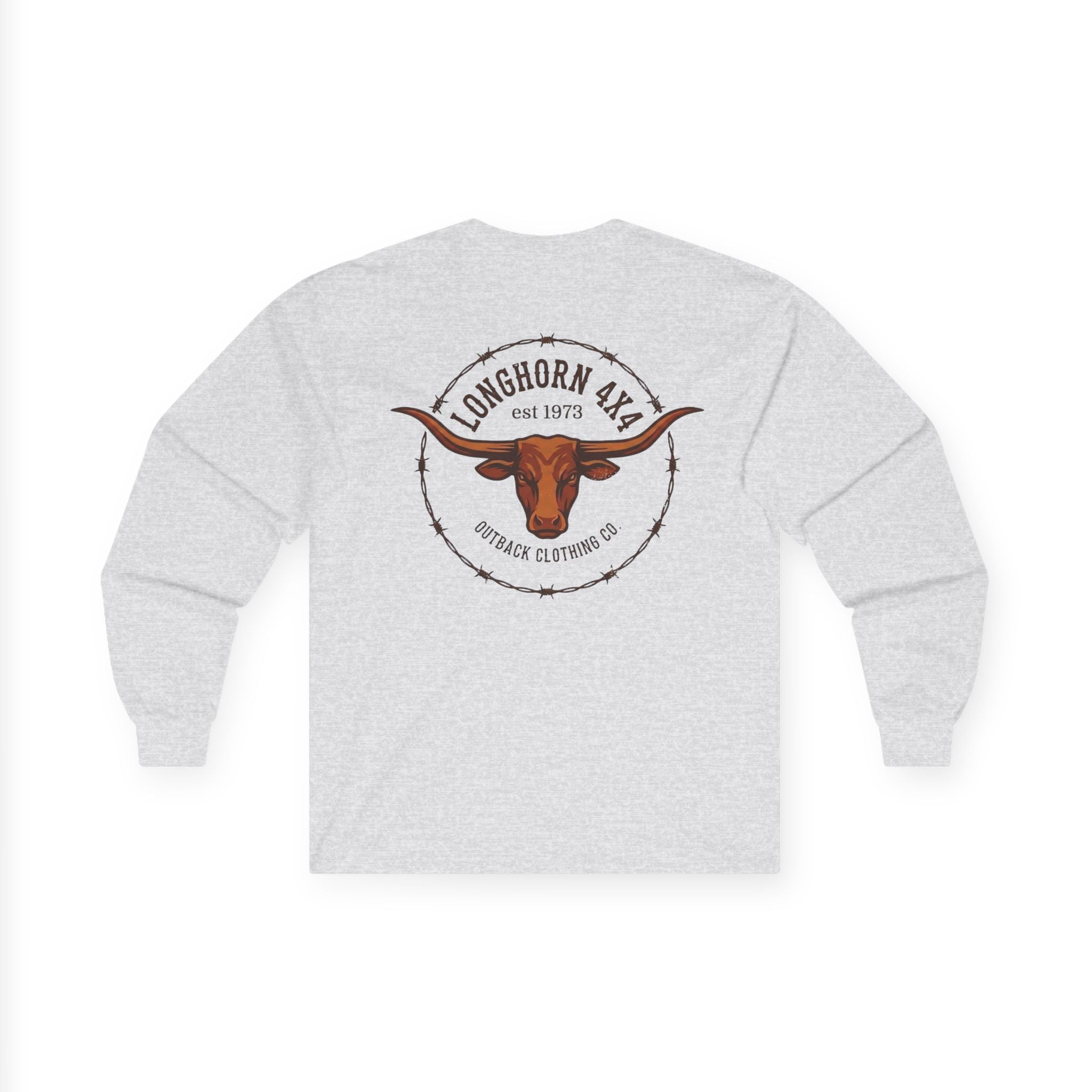Gray sweatshirt with a longhorn logo on the back against a white background