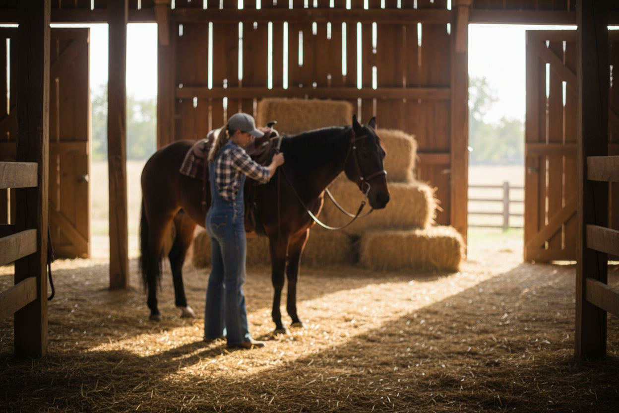 Gray cap with a logo on a Cow Girl Saddling a horse background