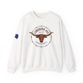 White sweatshirt with longhorn logo and patch on a white background
