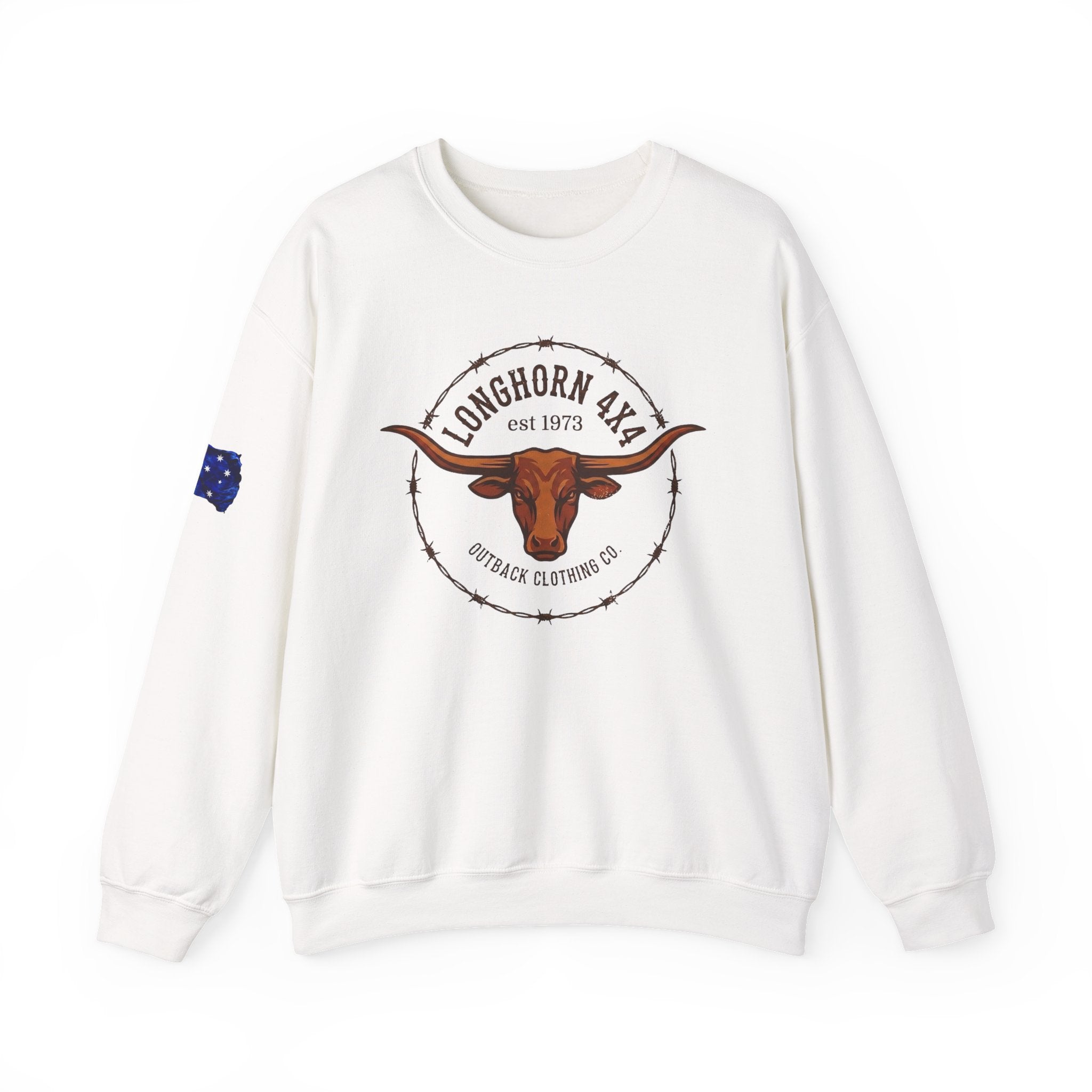 White sweatshirt with longhorn logo and patch on a white background
