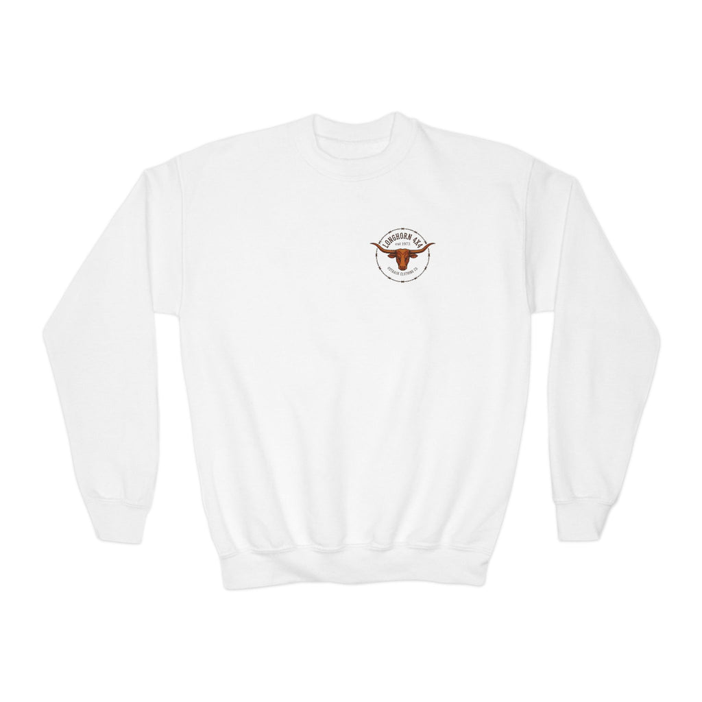 White sweatshirt with a logo on the chest against a white background