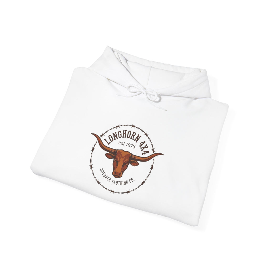 Folded white hoodie with a longhorn logo on a white background