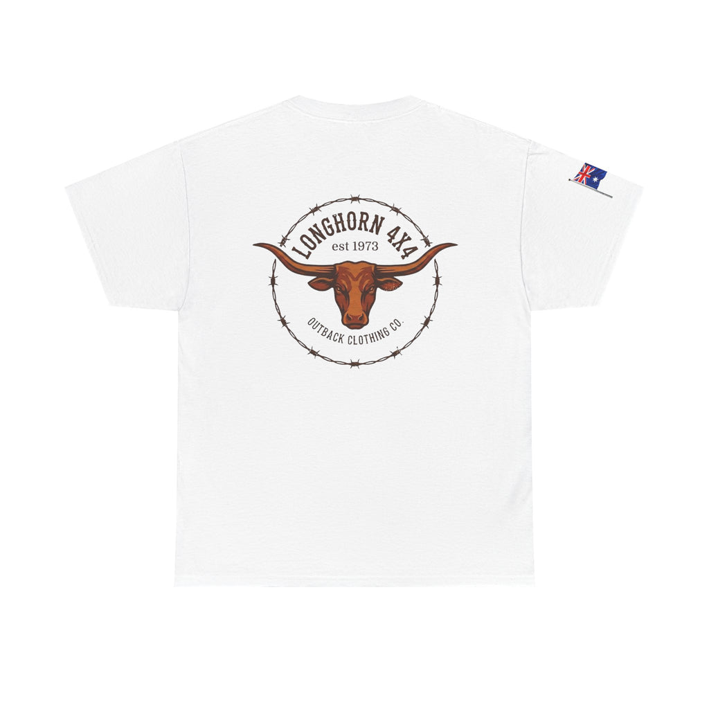 White t-shirt with a longhorn logo and text on a white background, Australian Flag on the Sleeve.