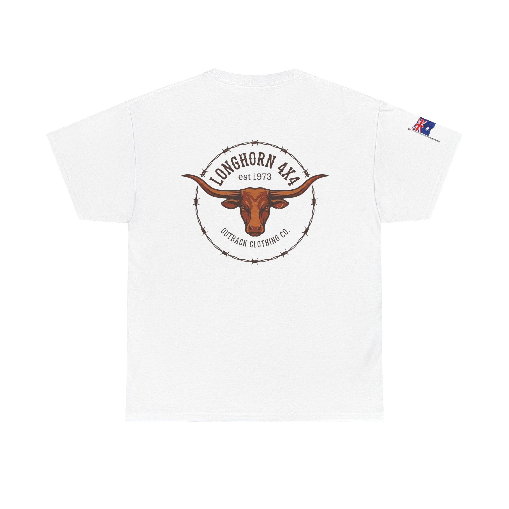 White t-shirt with a longhorn logo and text on a white background, Australian Flag on the Sleeve.