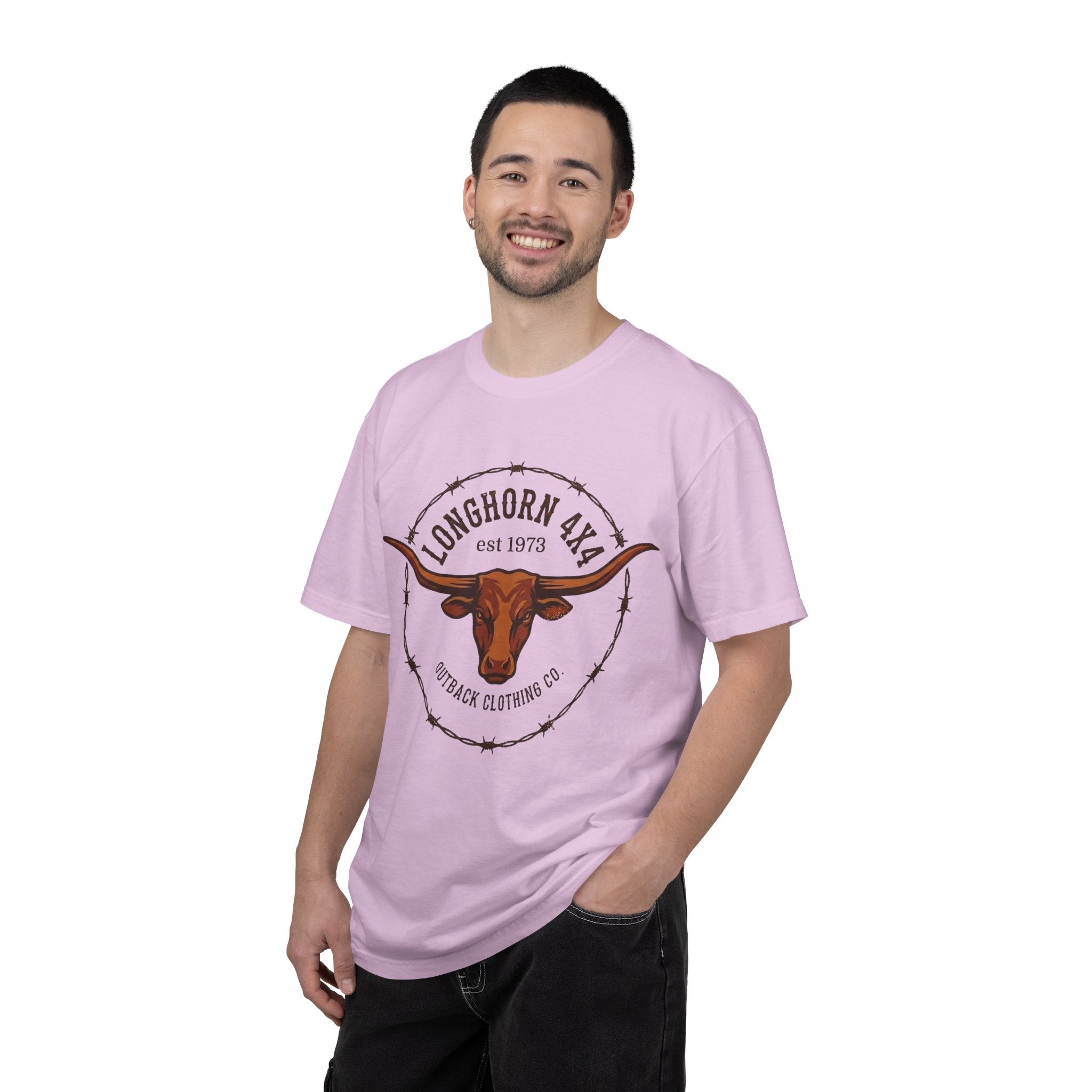 Man wearing a pink t-shirt with a longhorn logo on a white background