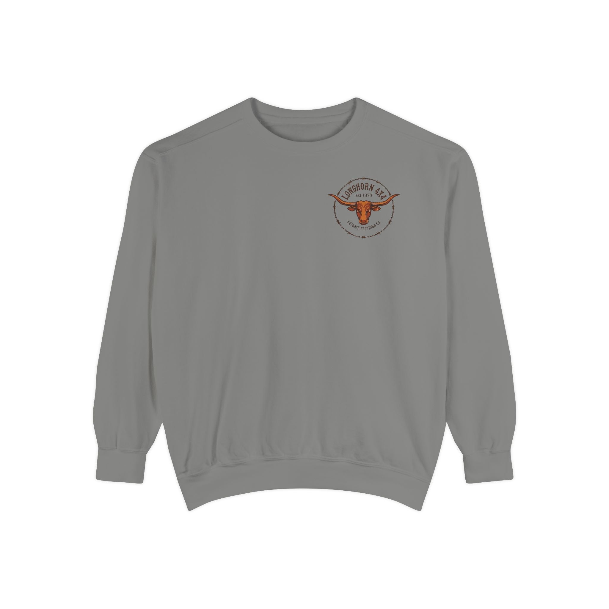 Gray sweatshirt with a logo on the chest against a white background
