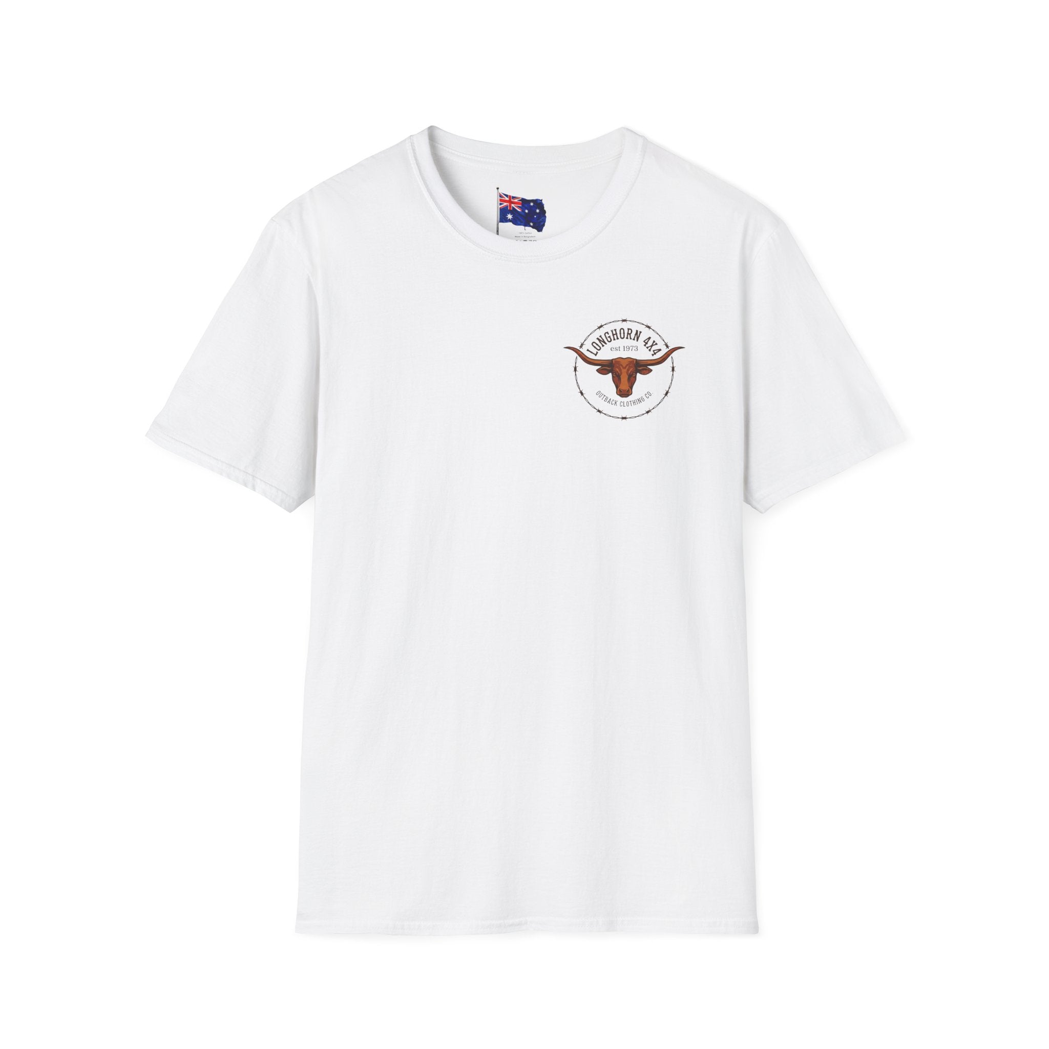 White t-shirt with a logo on a white background
