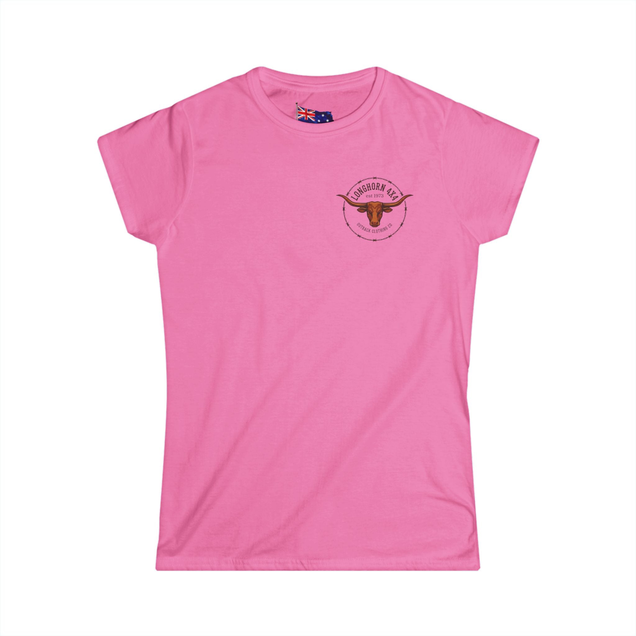 Pink t-shirt with a logo on a white background