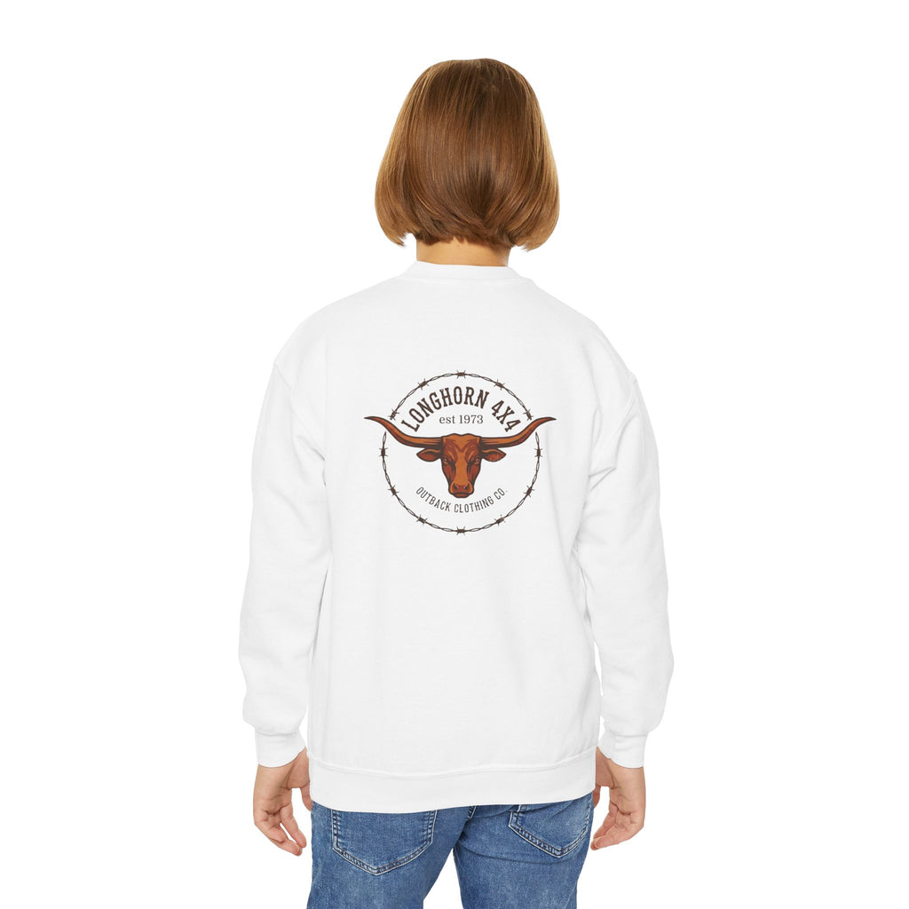 Person wearing a white sweatshirt with a logo on the back against a white background