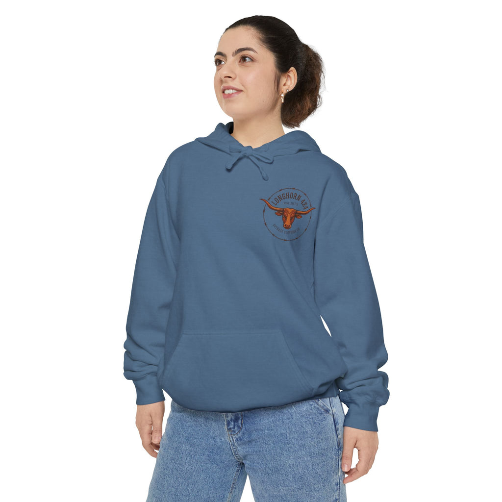 Longhorn 4x4 Coffee Ring Hoodie — Garment-Dyed Logo Sweatshirt