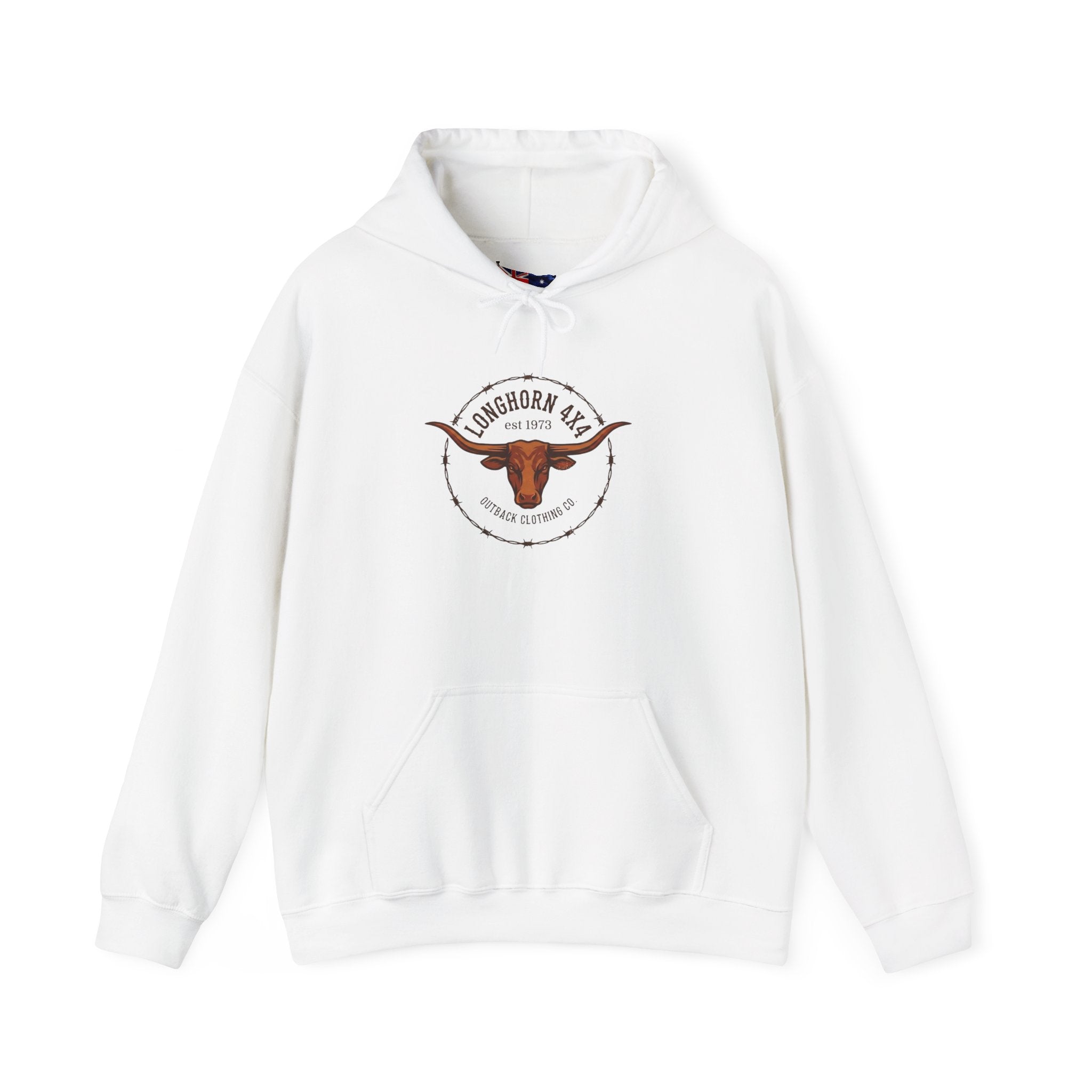 White hoodie with a logo on the chest against a white background