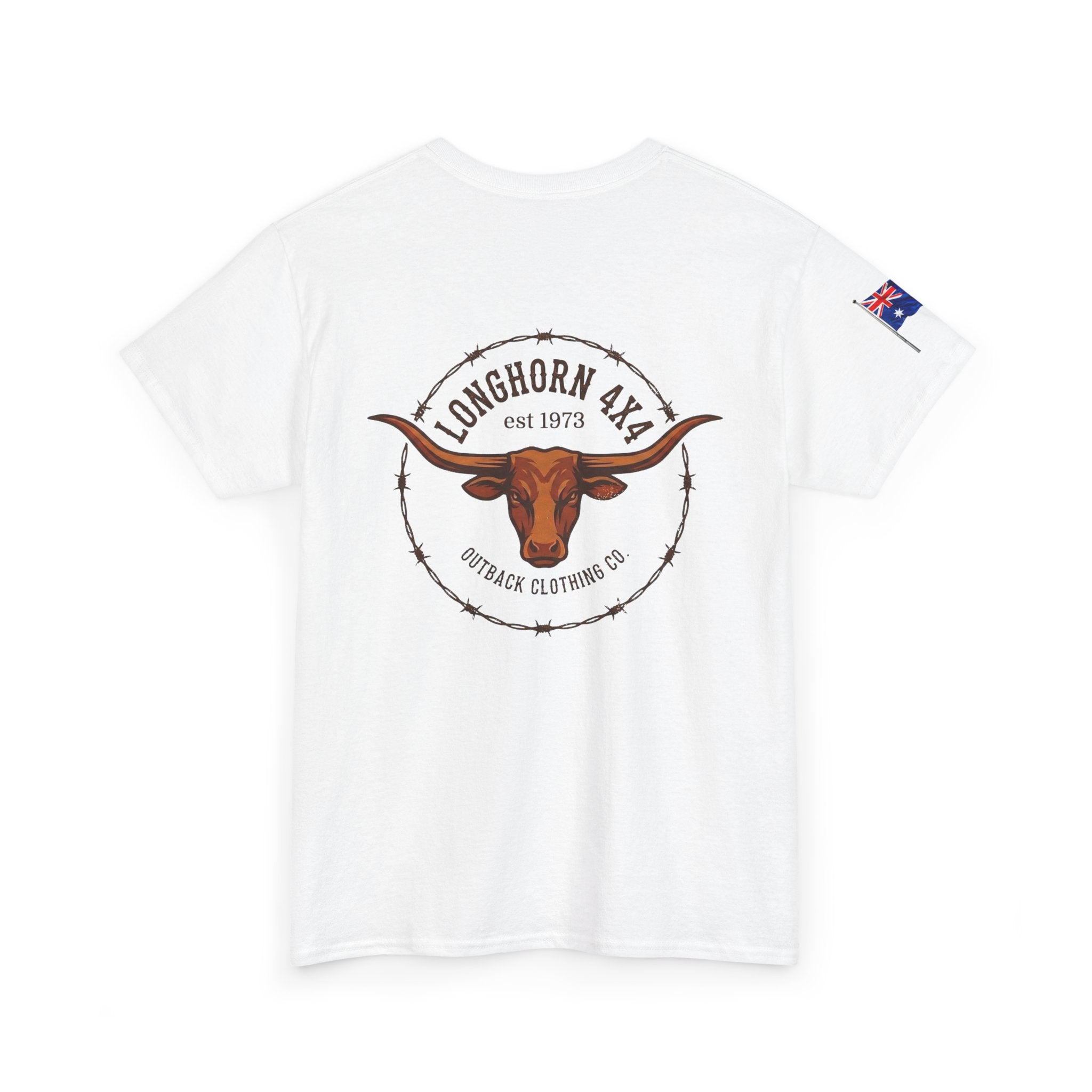 White t-shirt with longhorn logo and Outback Clothing Co. branding on a white background