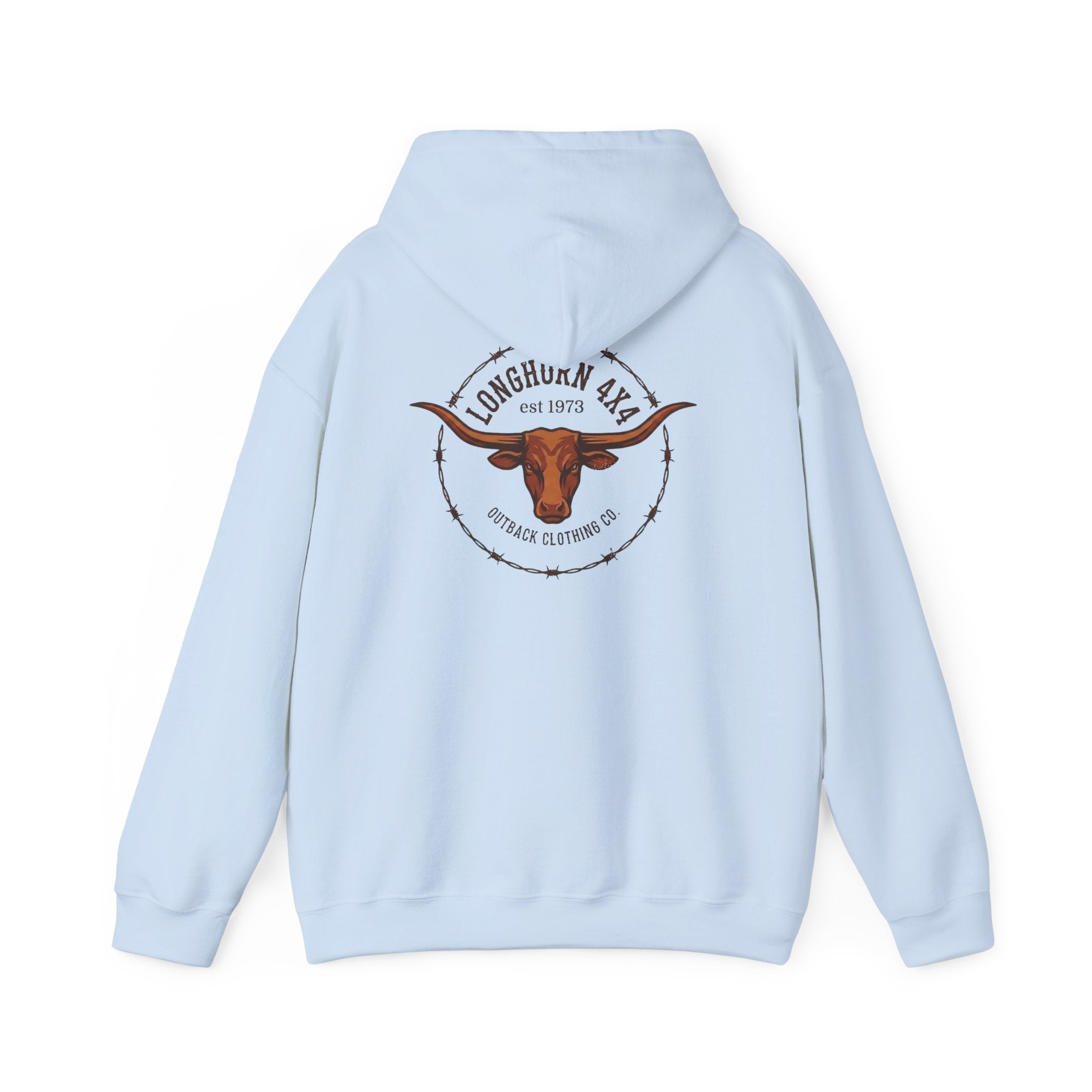 Light blue hoodie with a logo on the back featuring a longhorn and text, on a white background.