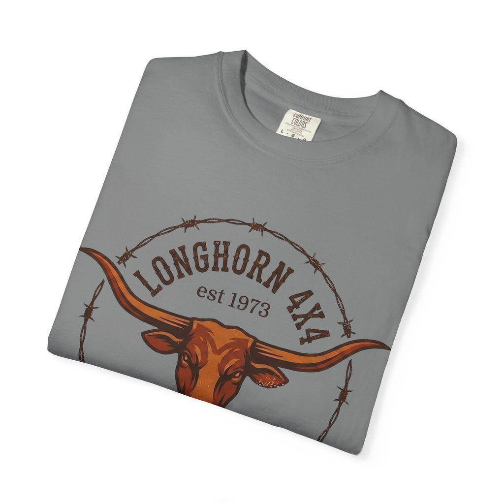 Folded gray t-shirt with longhorn logo and 'Longhorn 4x4' text on a white background