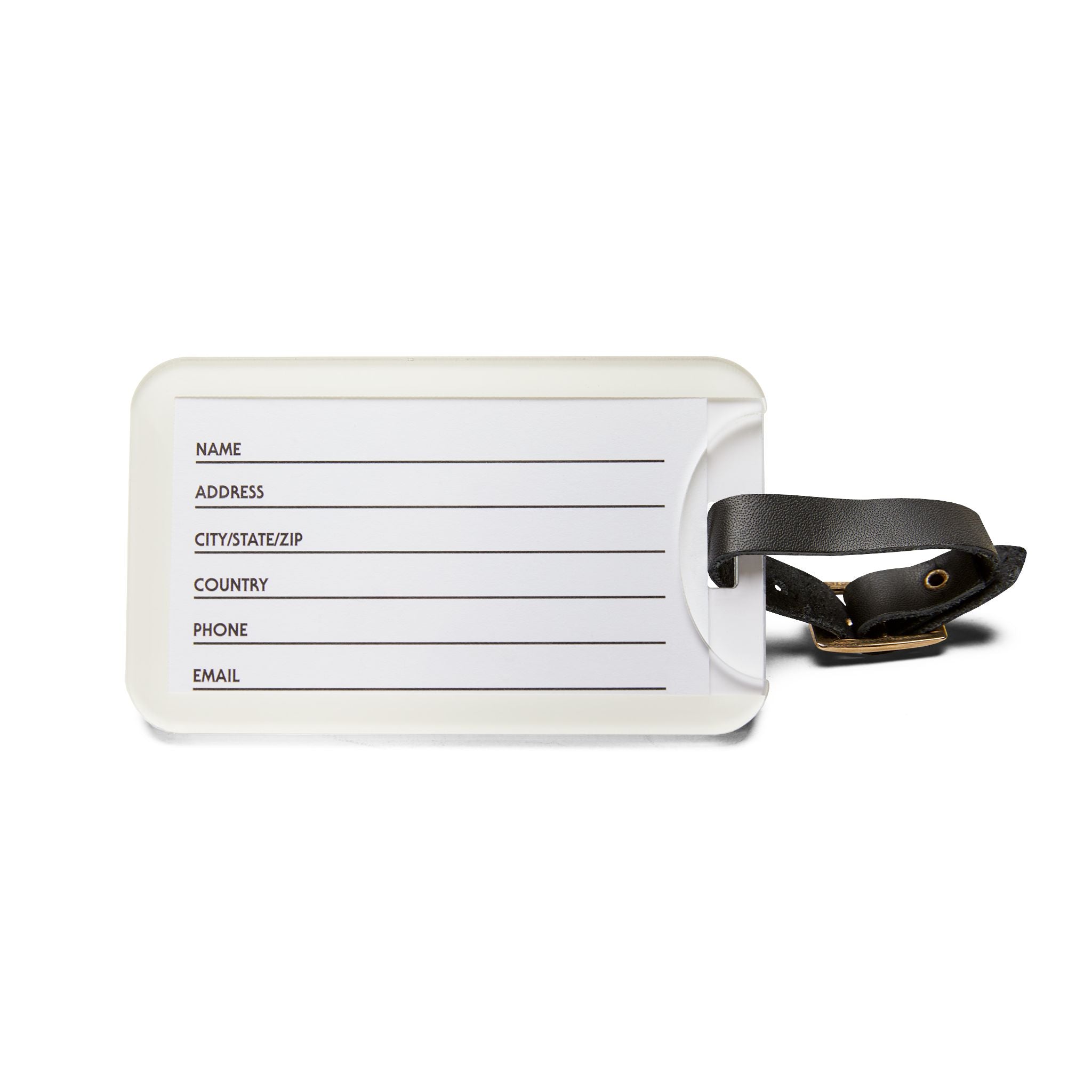 White luggage tag with black strap on a white background