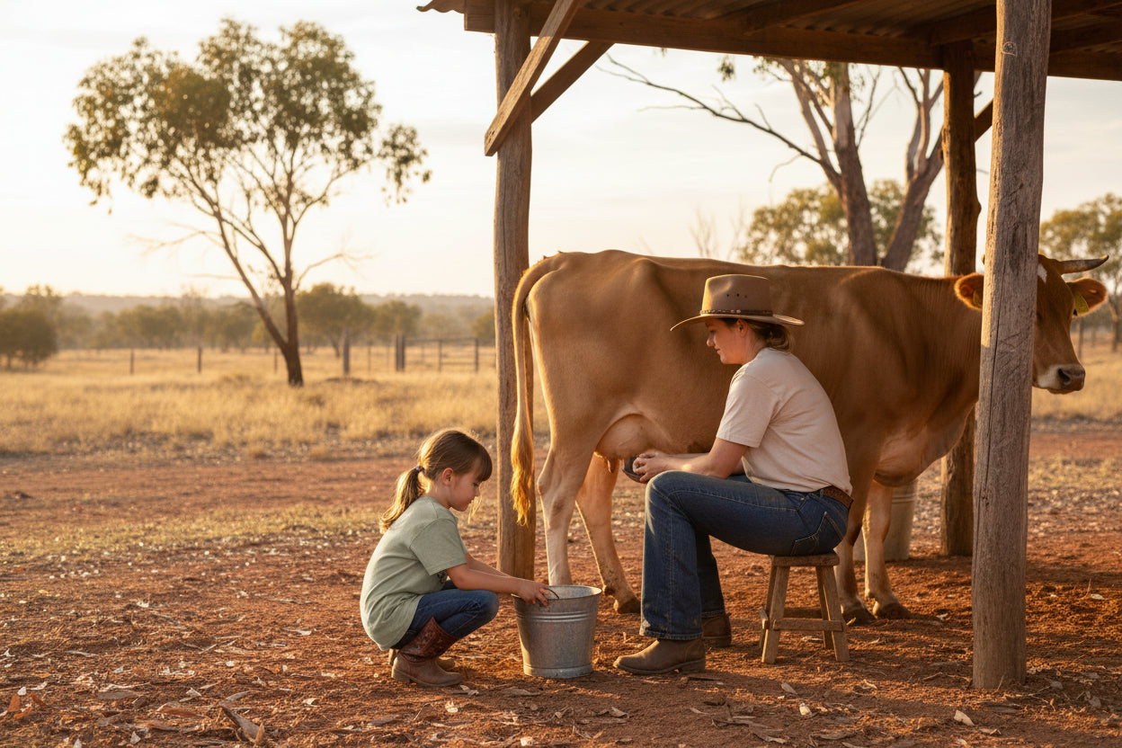 Beige t-shirt with a longhorn logo on a Little cowgirl help her mum milk a cow background