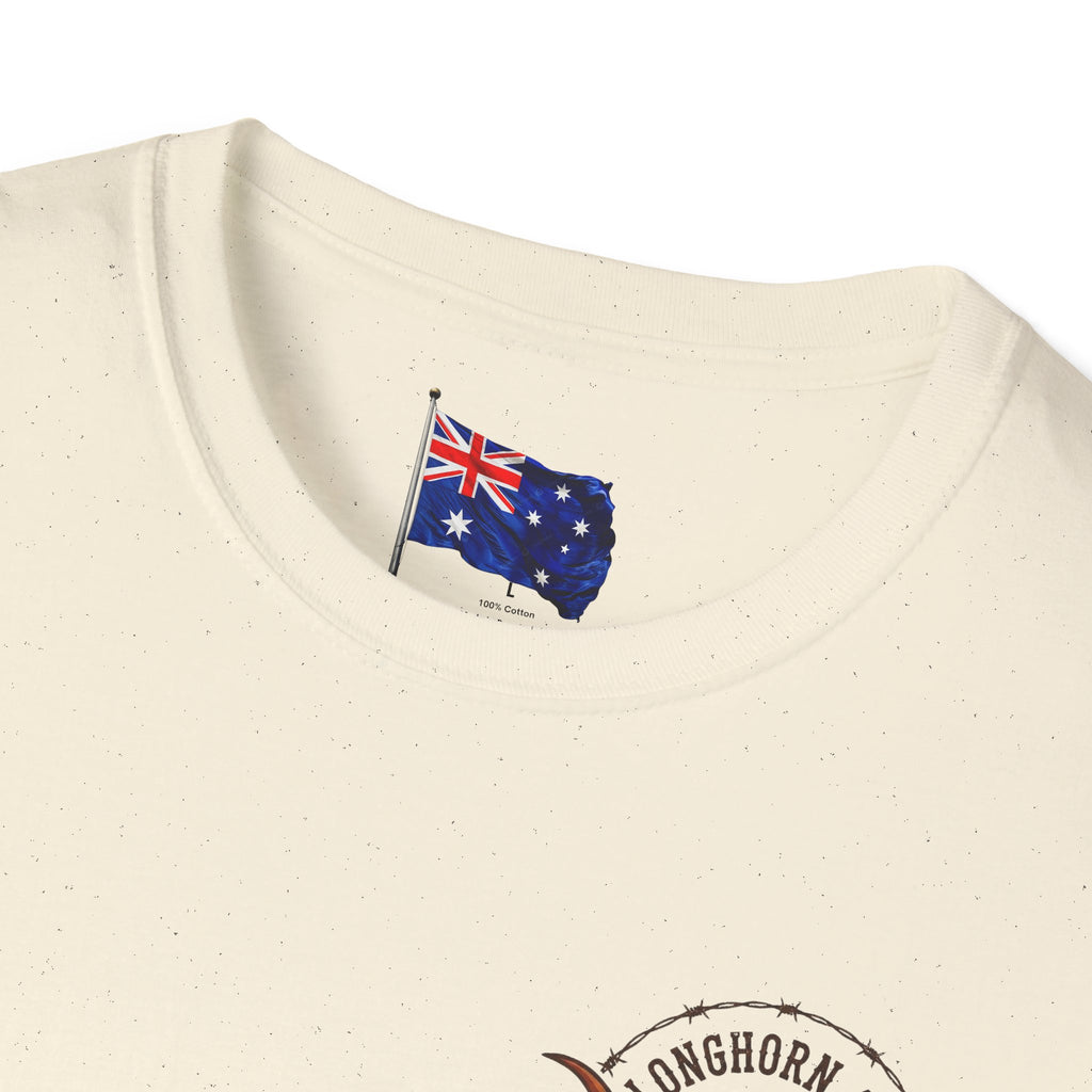 Beige t-shirt with a small Australian flag and map design on a white background