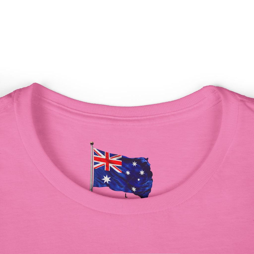 Pink t-shirt with an Australian flag design on a white background